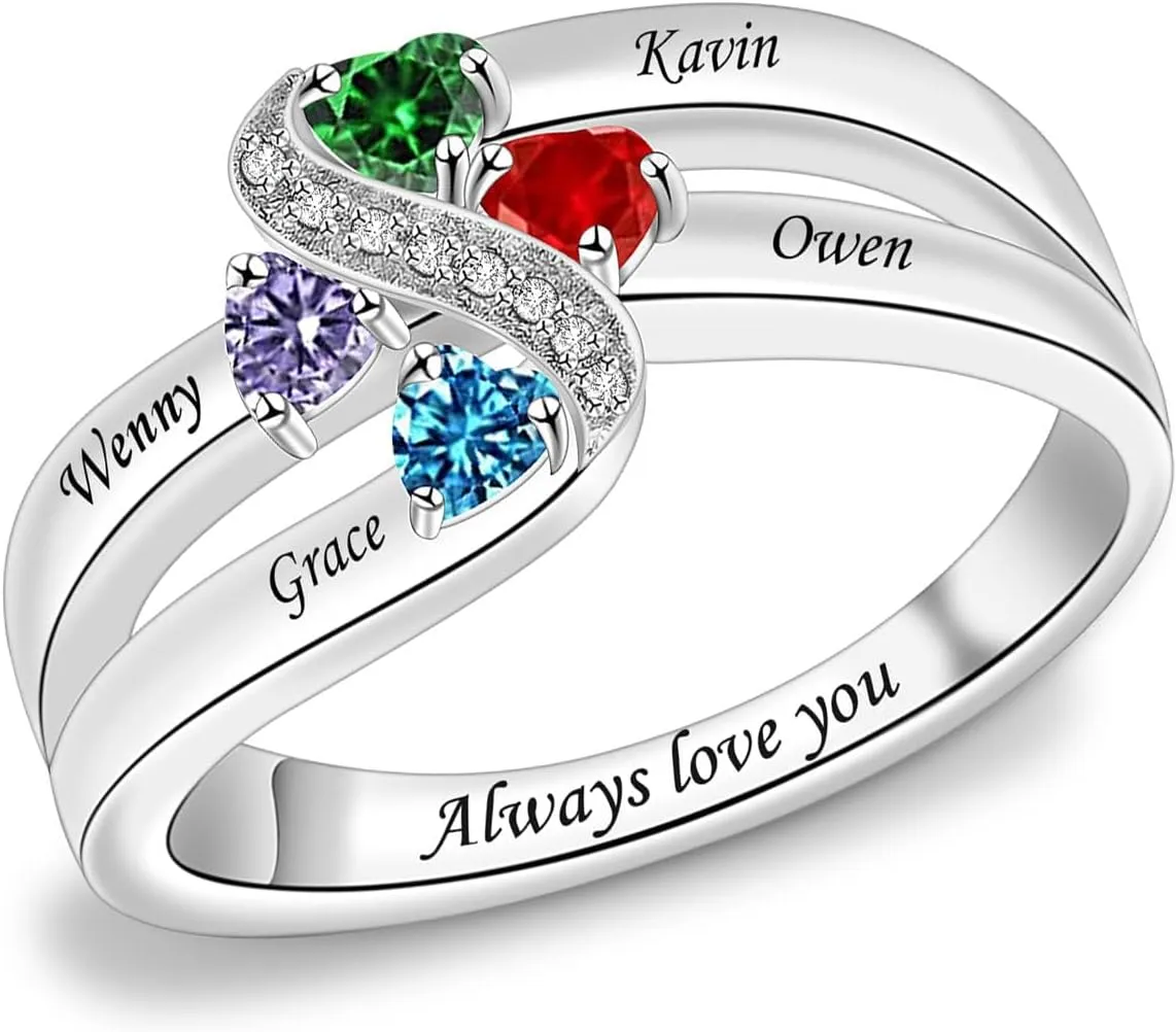 Sterling Silver Mothers Rings with 1-6 Birthstones Women Personalized Family Name Custom Rings for Mom Grandma Nana