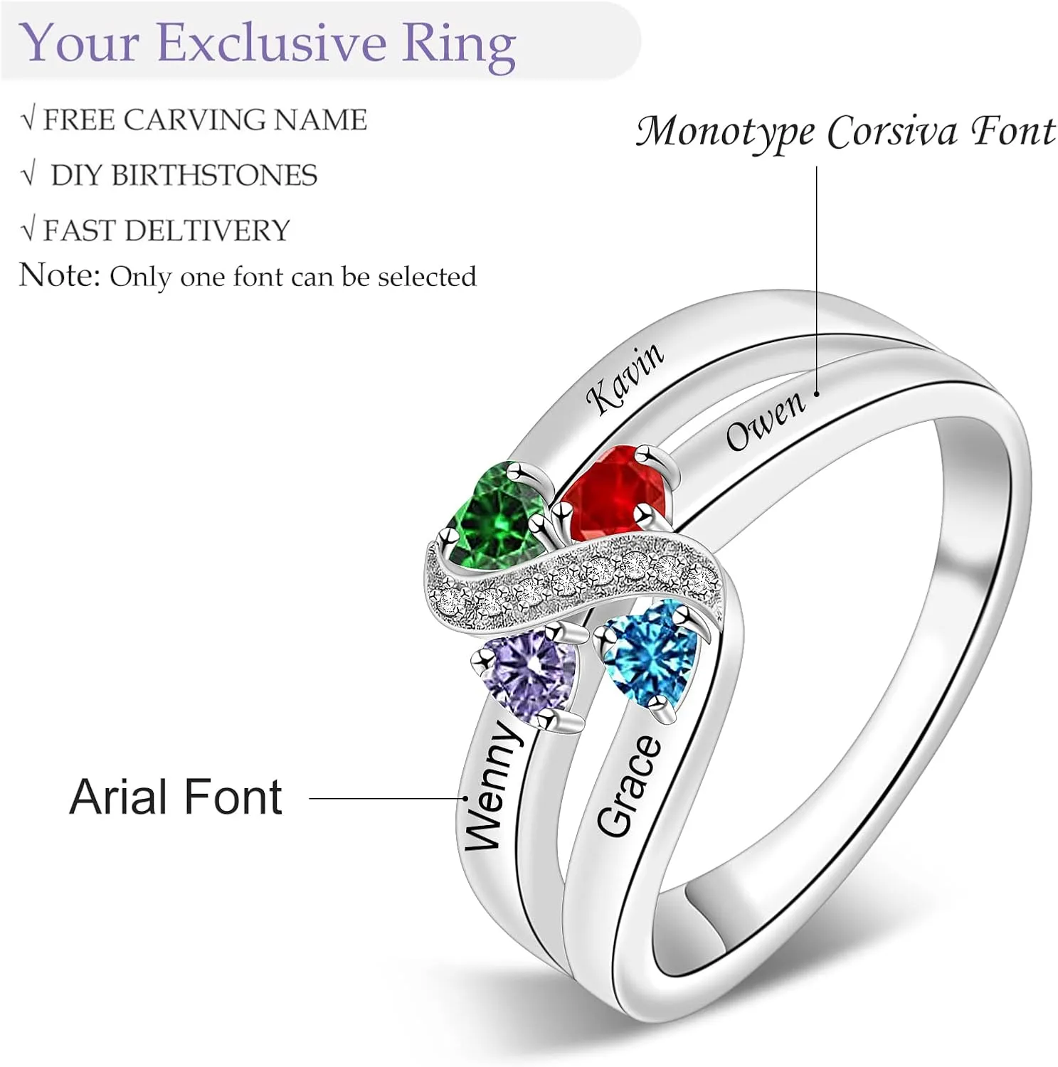 Sterling Silver Mothers Rings with 1-6 Birthstones Women Personalized Family Name Custom Rings for Mom Grandma Nana