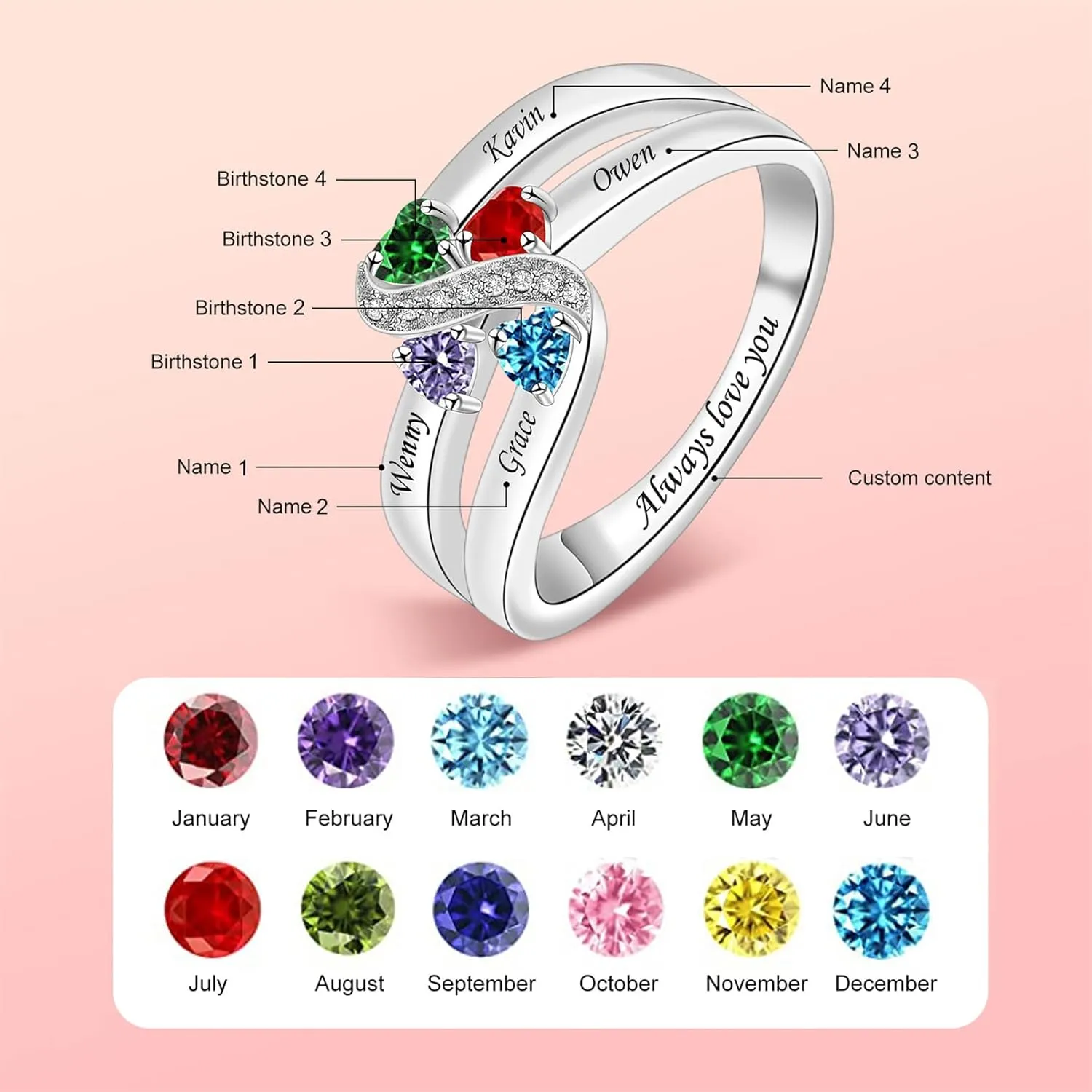 Sterling Silver Mothers Rings with 1-6 Birthstones Women Personalized Family Name Custom Rings for Mom Grandma Nana