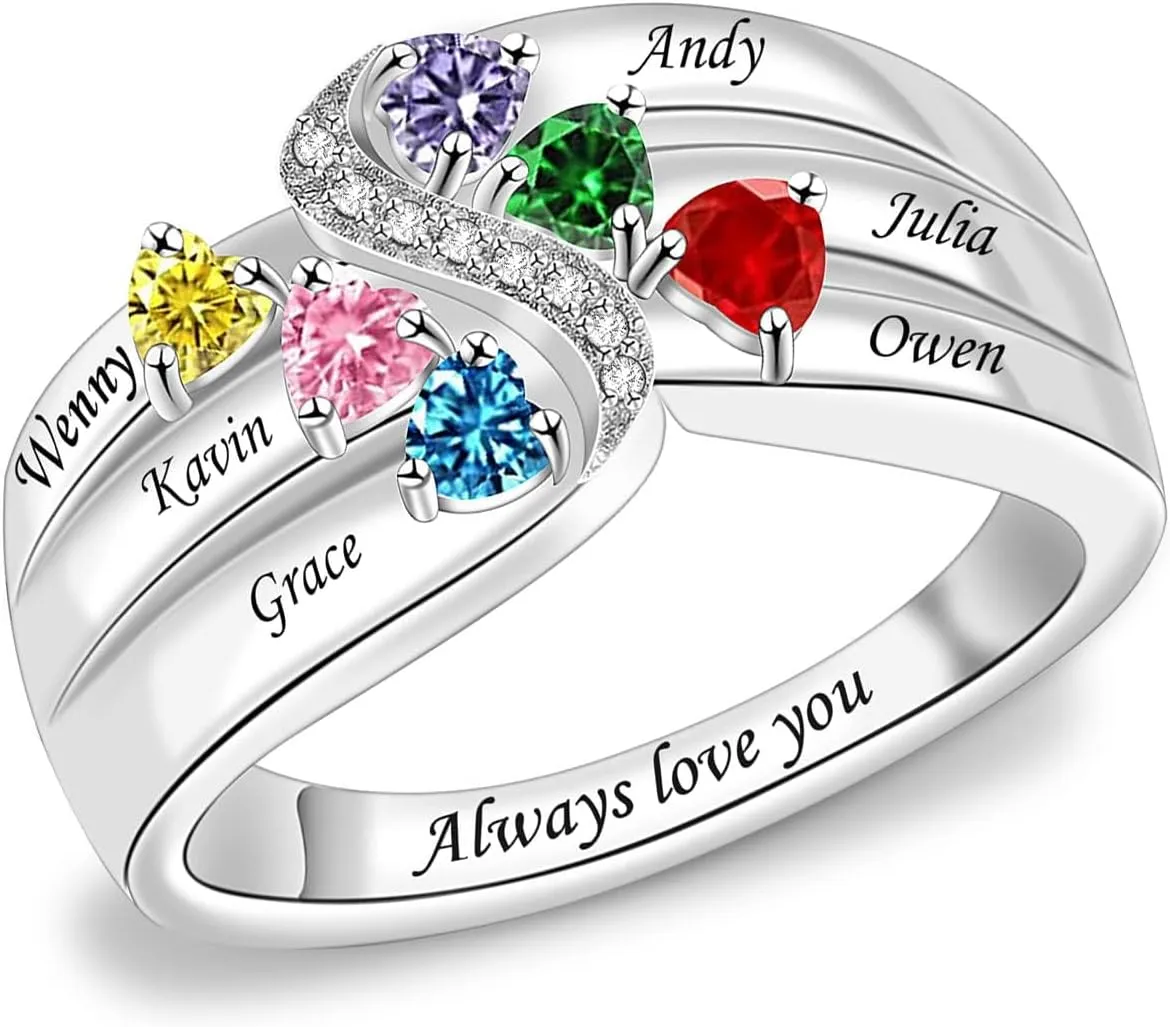 Sterling Silver Mothers Rings with 1-6 Birthstones Women Personalized Family Name Custom Rings for Mom Grandma Nana