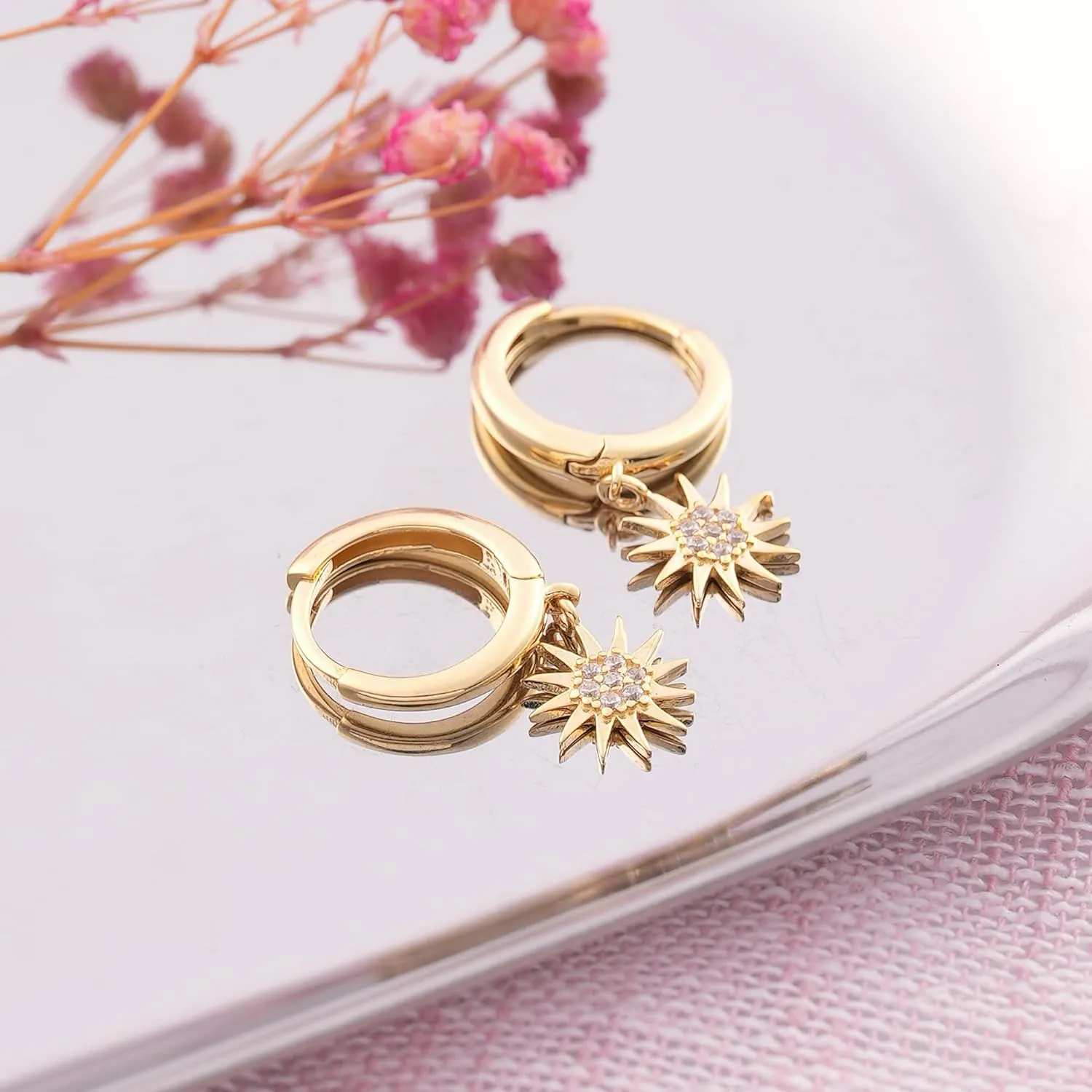 Sun Earrings, Celestial Earrings, 14K Real Gold Sun Earrings, Minimalist Gold Celestial Earrings, Hoop Earrings, Birthday Gift