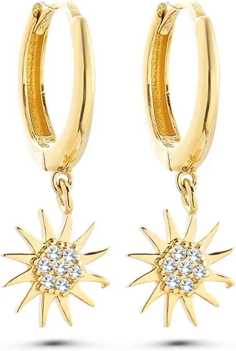 Sun Earrings, Celestial Earrings, 14K Real Gold Sun Earrings, Minimalist Gold Celestial Earrings, Hoop Earrings, Birthday Gift