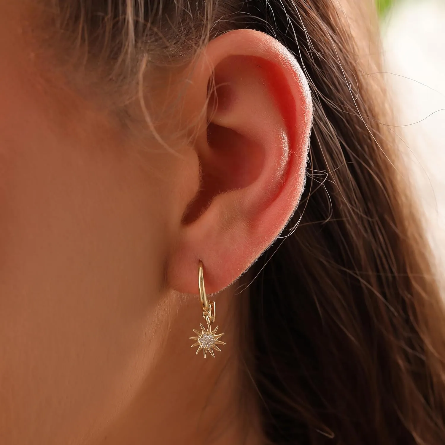 Sun Earrings, Celestial Earrings, 14K Real Gold Sun Earrings, Minimalist Gold Celestial Earrings, Hoop Earrings, Birthday Gift