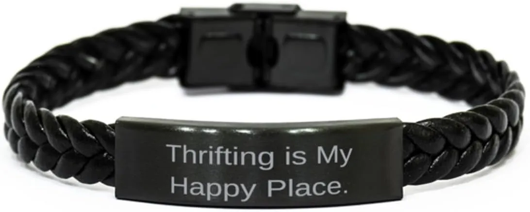 Thrifting is My Happy. Thrifting Braided Leather Bracelet, Funny Thrifting Gifts, Engraved Bracelet For Friends from Friends, Leather bracelets for men, Leather bracelets for women, Handmade leather