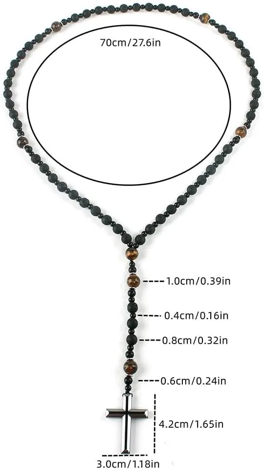 Tiger Eye Cross Necklace for Men, Obsidian Necklace, Hematite Cross Pendant Lava Rock Rosary Healing Crystal Necklaces