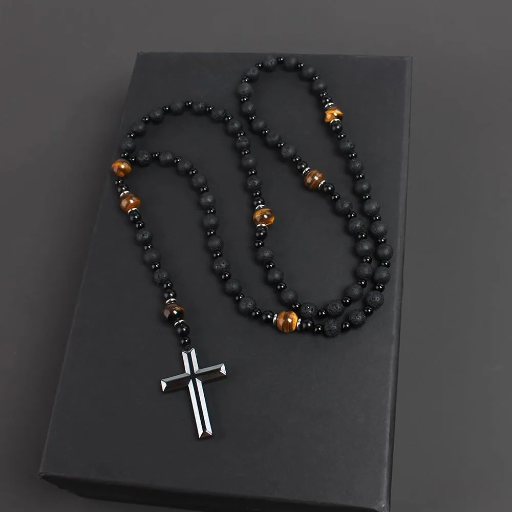 Tiger Eye Cross Necklace for Men, Obsidian Necklace, Hematite Cross Pendant Lava Rock Rosary Healing Crystal Necklaces