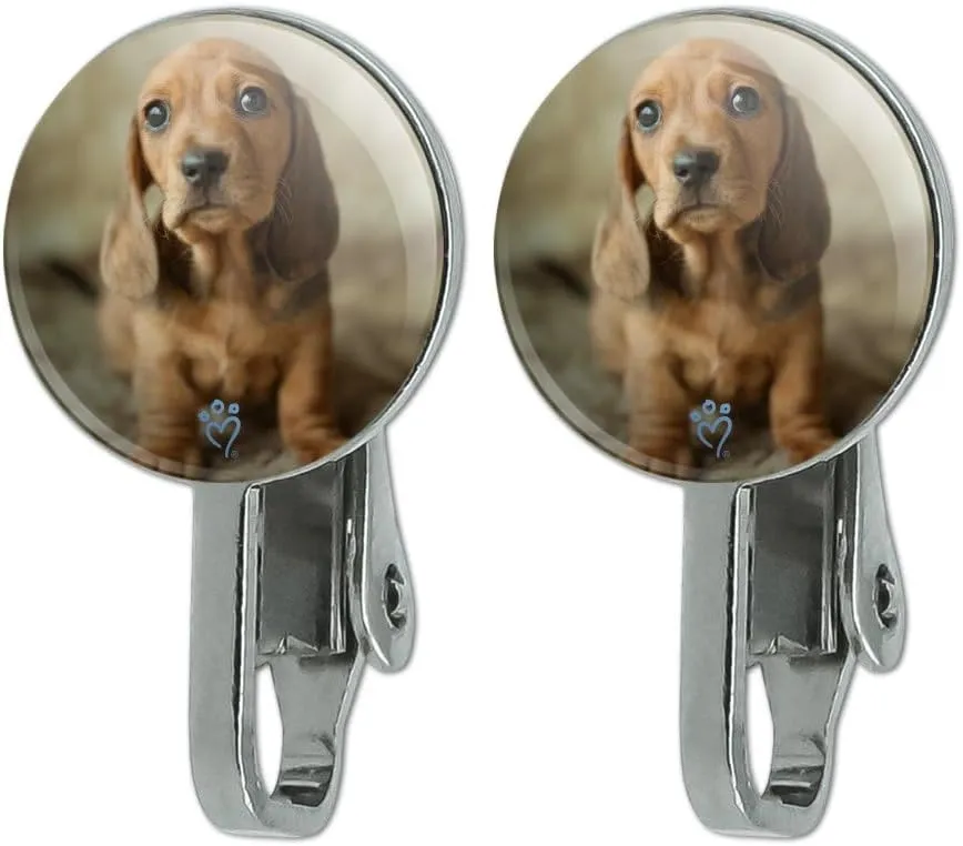 Tiny Dachshund Puppy Novelty Clip-On Stud Earrings