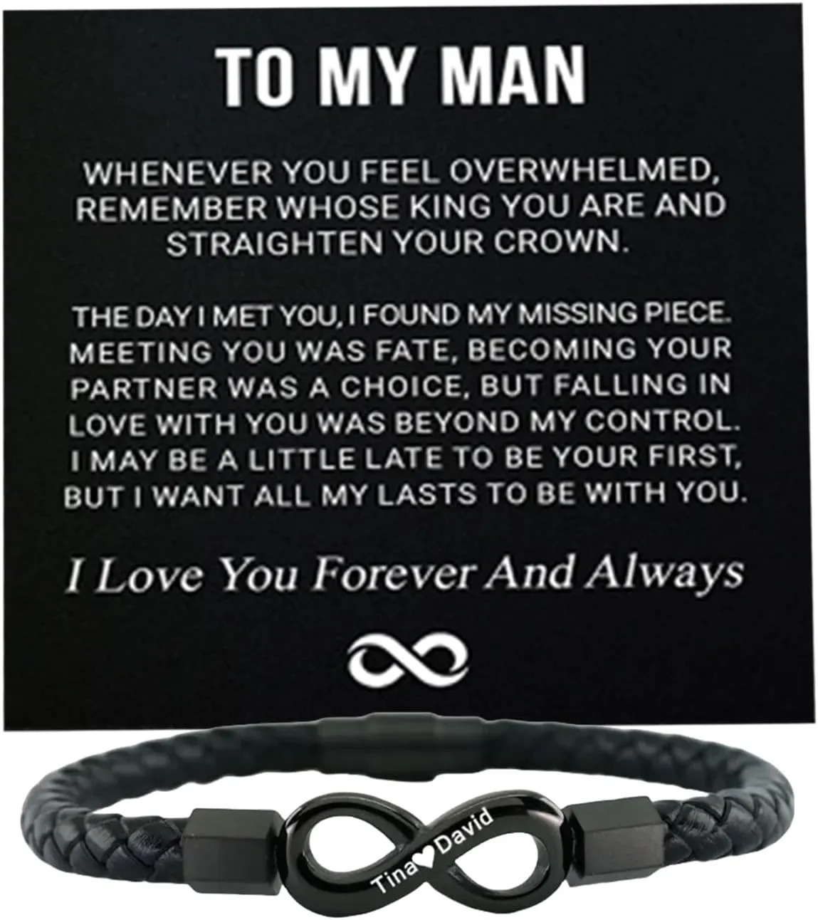 To My Man,Personalized Dual Name Infinity Leather Bracelet,Personalized Custom Name Stainless Steel Bracelet Valentine Birthday Christmas Gifts for Him(8.3inch)