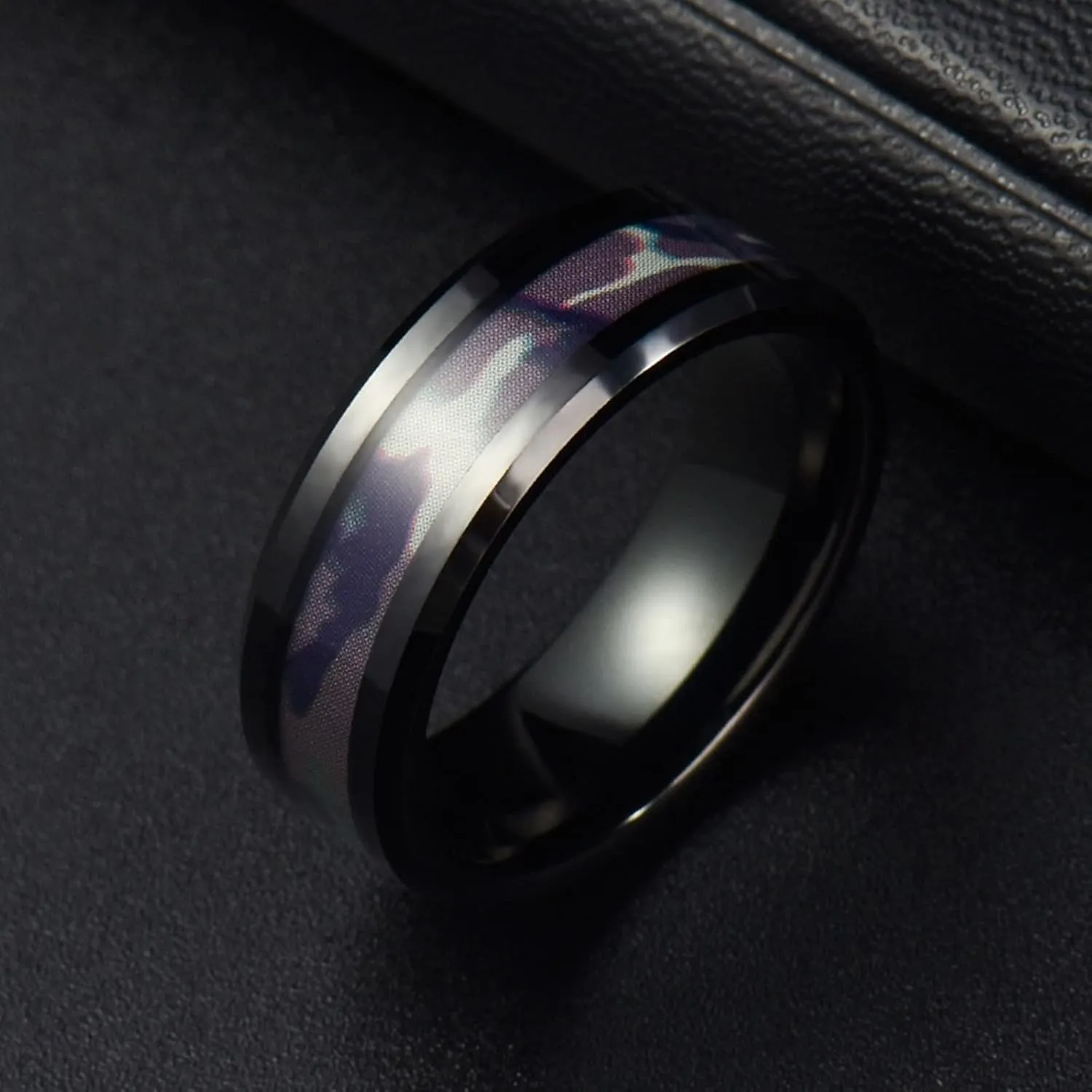 Trendy Rings for Women, Stainless Steel Ring for Women 8mm Black Ring with Multicolor Pattern Engagement Couple Rings