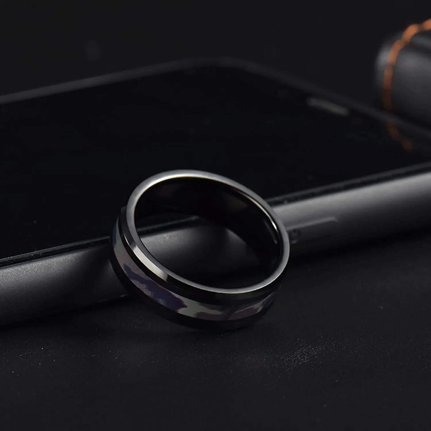 Trendy Rings for Women, Stainless Steel Ring for Women 8mm Black Ring with Multicolor Pattern Engagement Couple Rings