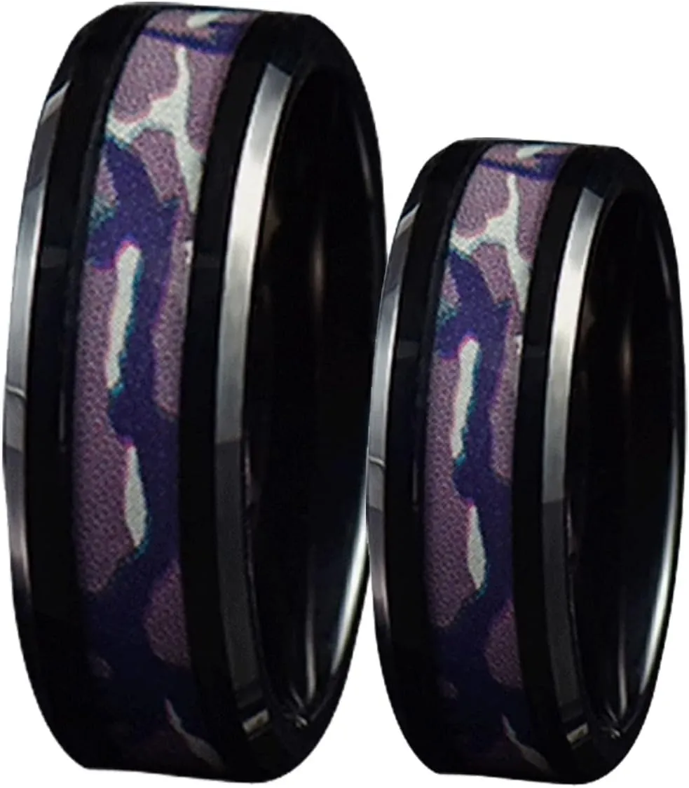 Trendy Rings for Women, Stainless Steel Ring for Women 8mm Black Ring with Multicolor Pattern Engagement Couple Rings