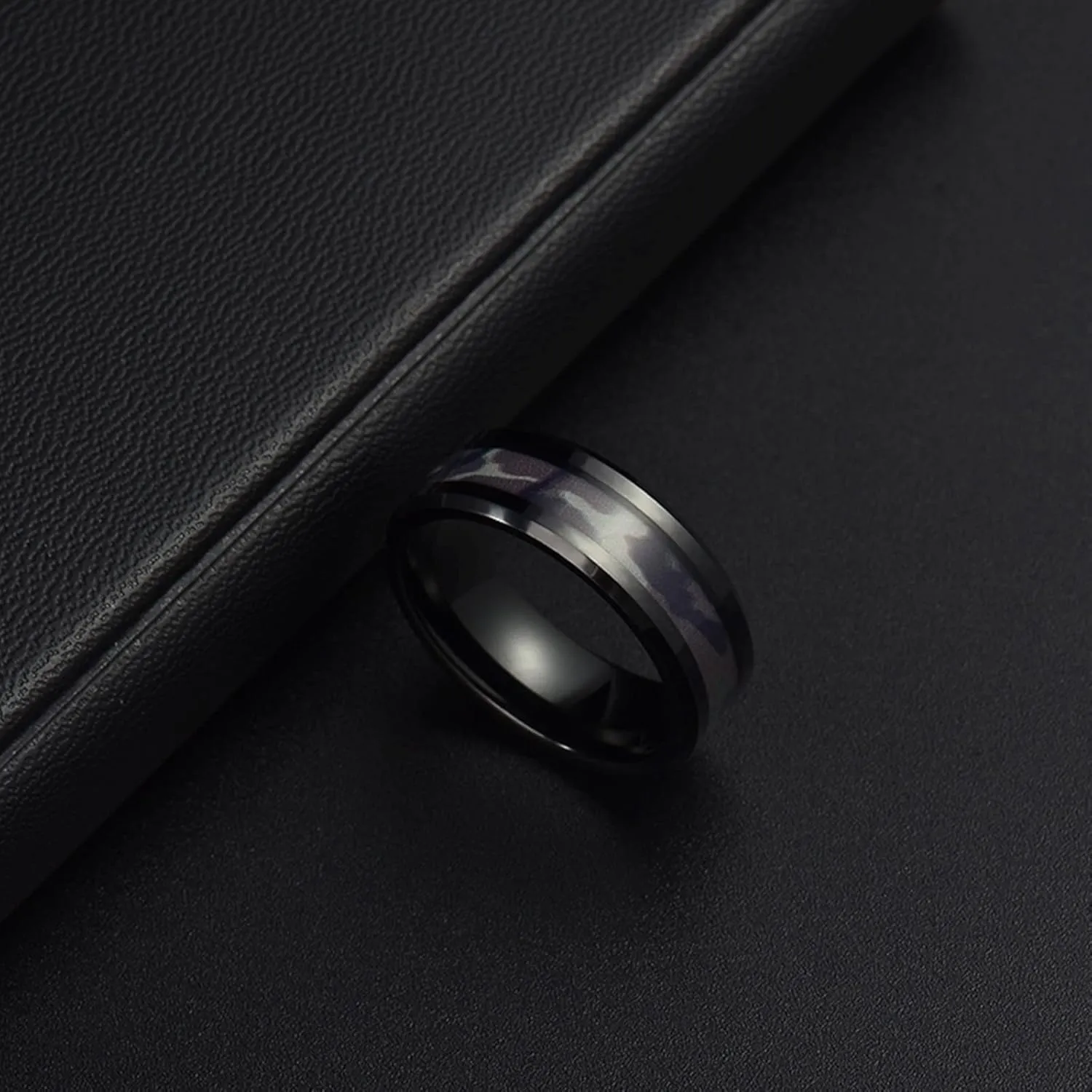 Trendy Rings for Women, Stainless Steel Ring for Women 8mm Black Ring with Multicolor Pattern Engagement Couple Rings