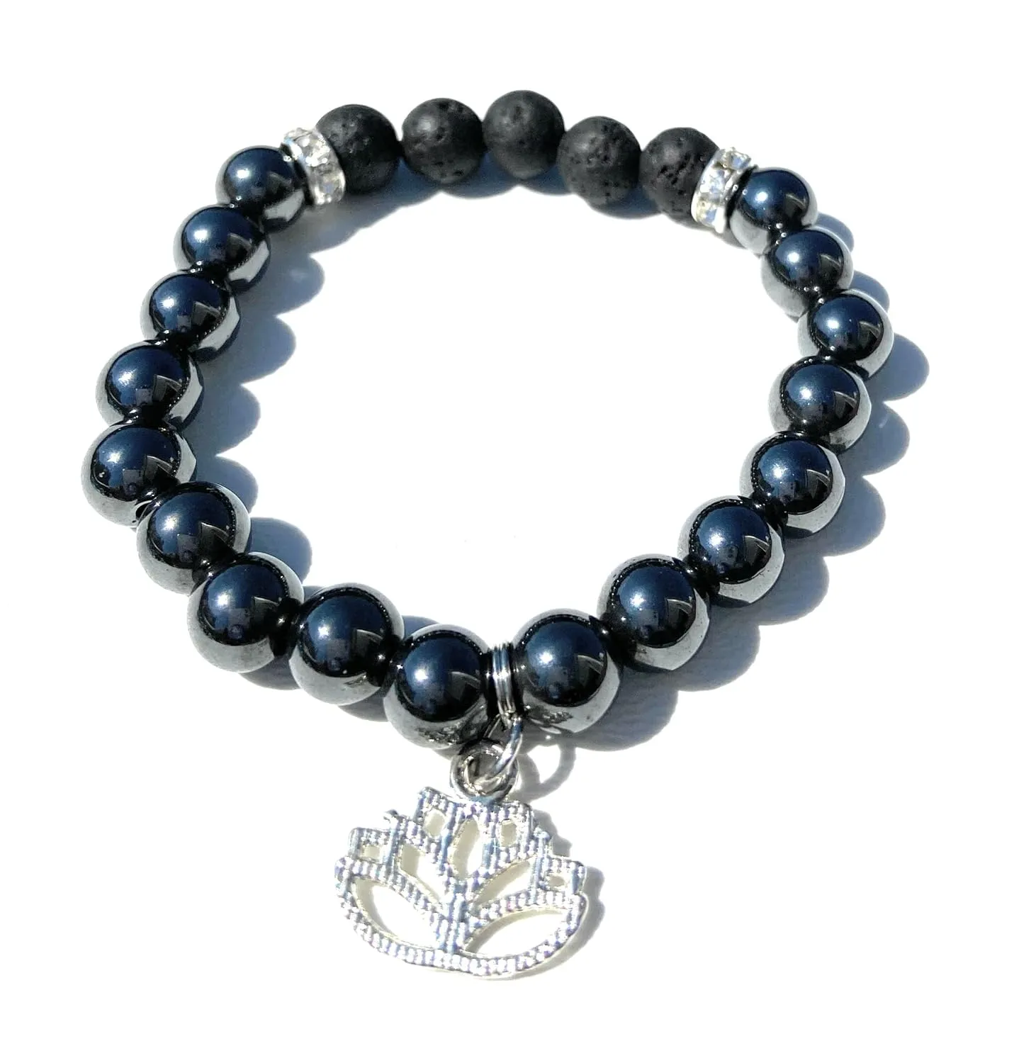 UIP lotus charm natural stone and lava bead stretch bracelet- Handmade 8mm gemstone elastic bangle- 7.5" to 8"- pink, blue, white and black (Hematite)