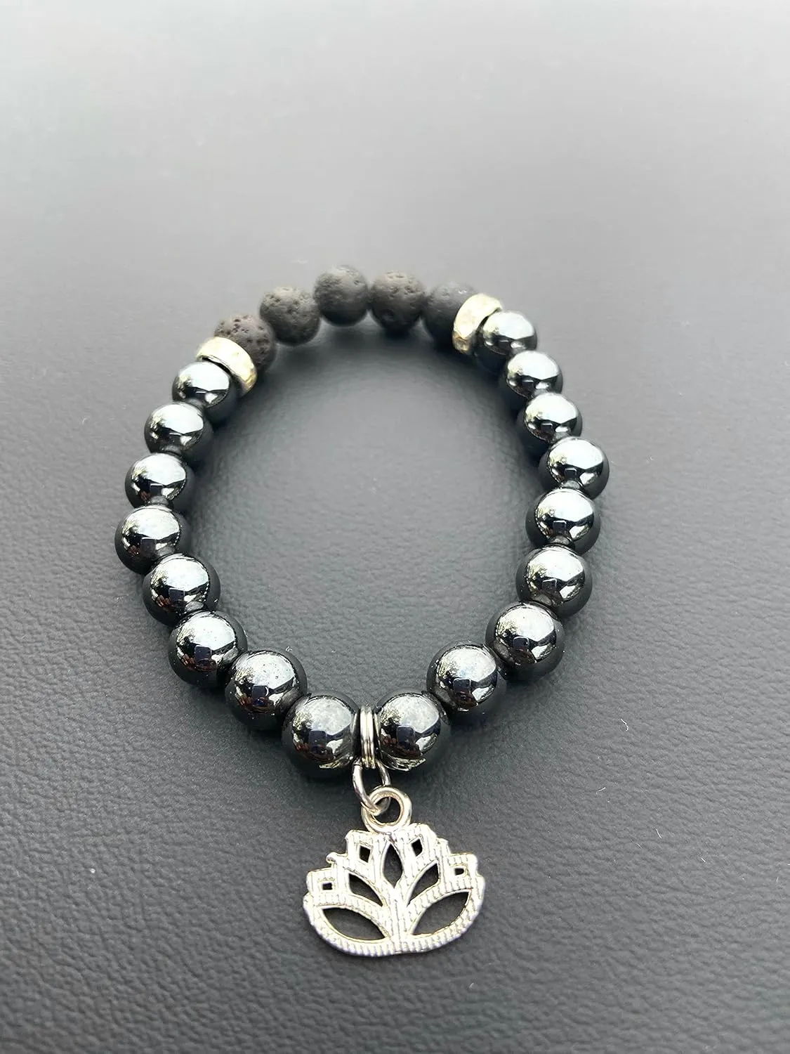 UIP lotus charm natural stone and lava bead stretch bracelet- Handmade 8mm gemstone elastic bangle- 7.5" to 8"- pink, blue, white and black (Hematite)