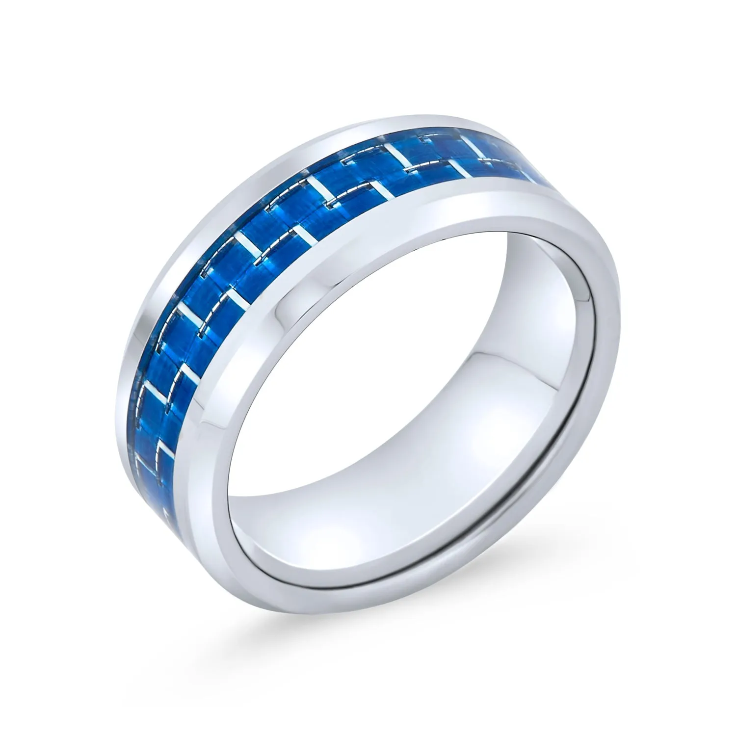 Unisex Tungsten Wedding Band Ring with Simulated Blue Opal Inlay for Couples