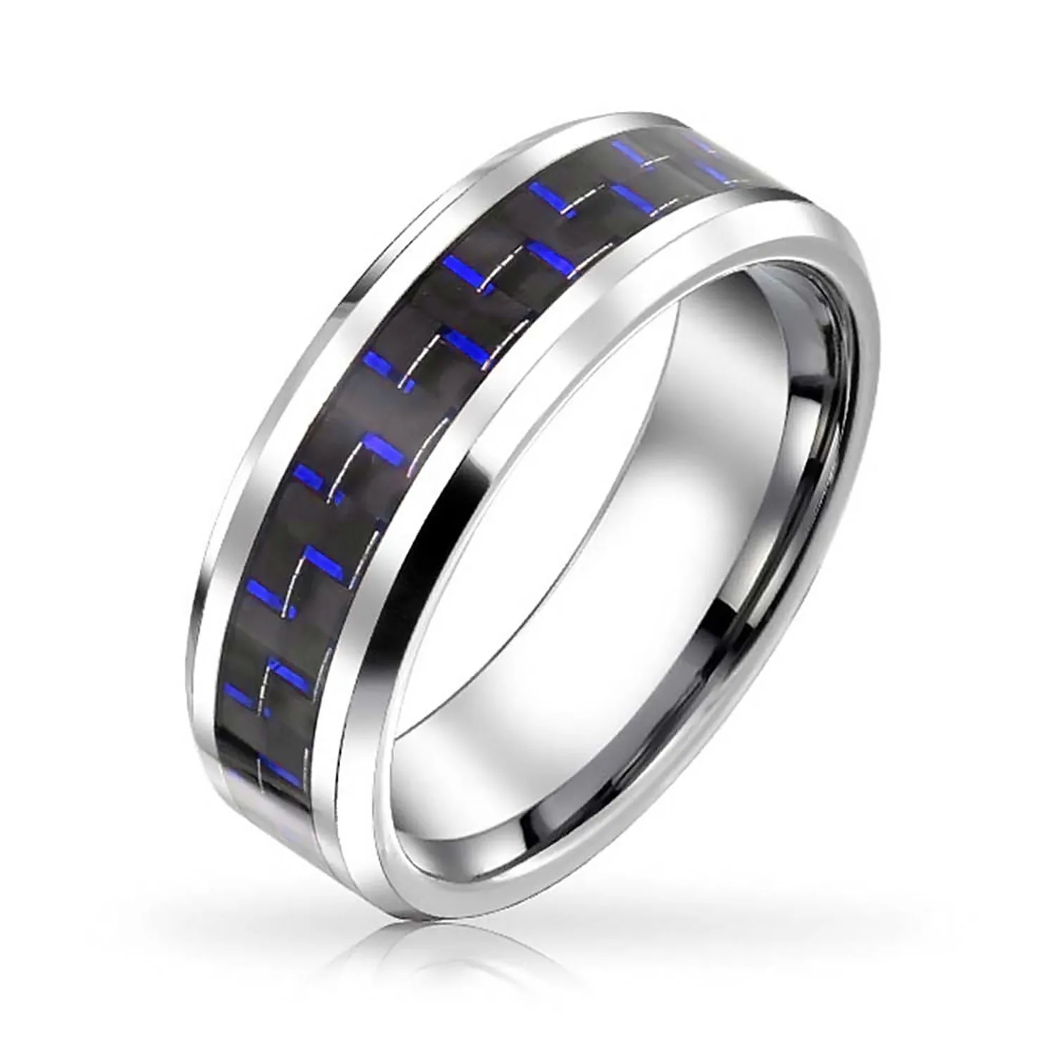 Unisex Tungsten Wedding Band Ring with Simulated Blue Opal Inlay for Couples