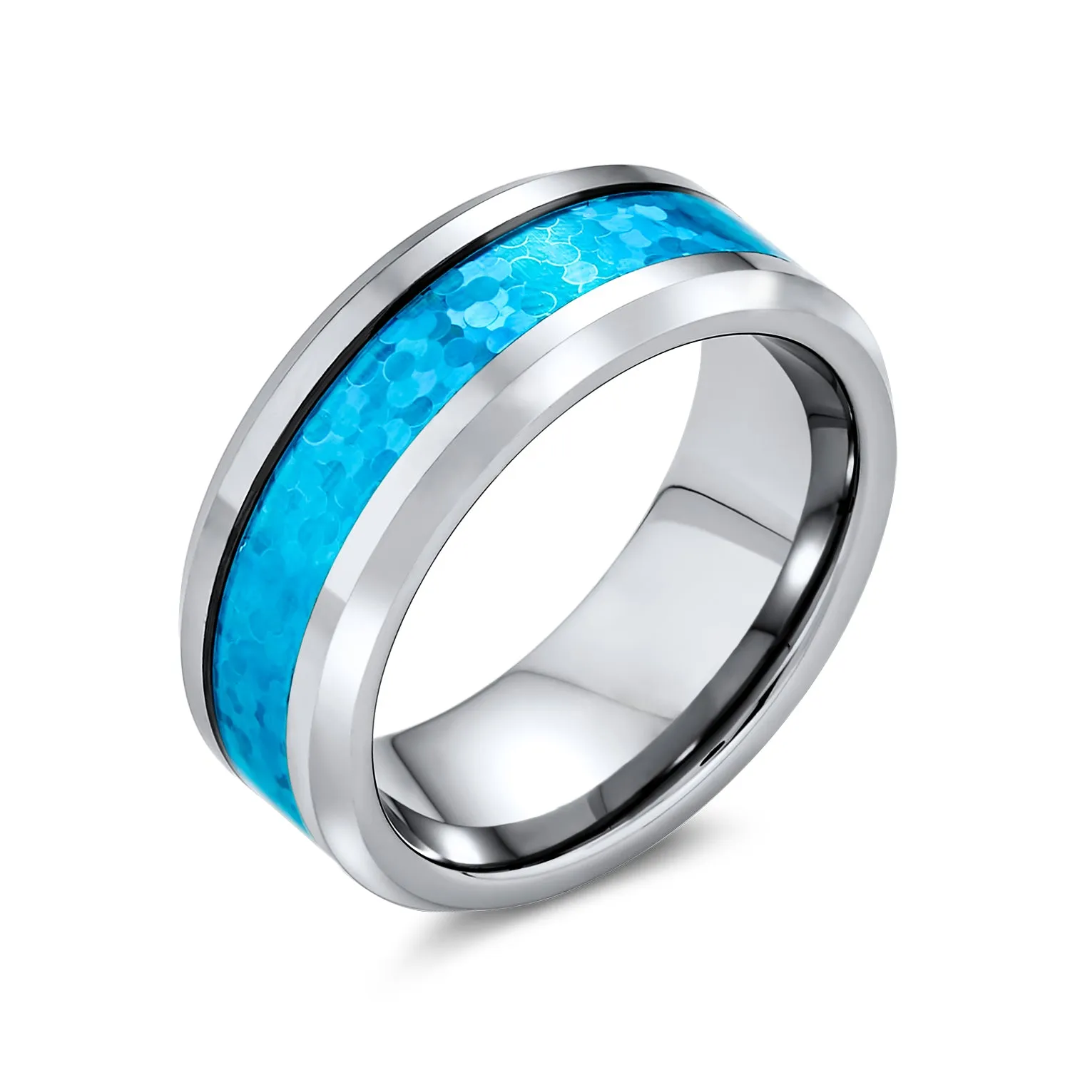 Unisex Tungsten Wedding Band Ring with Simulated Blue Opal Inlay for Couples