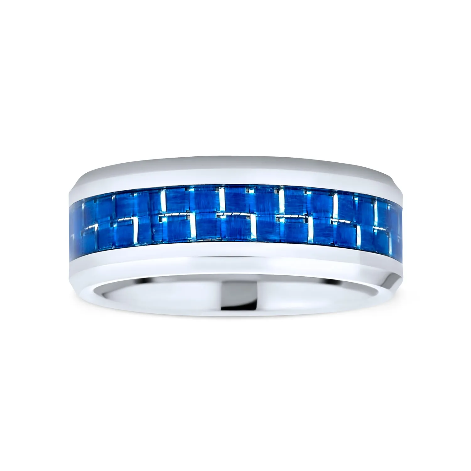 Unisex Tungsten Wedding Band Ring with Simulated Blue Opal Inlay for Couples