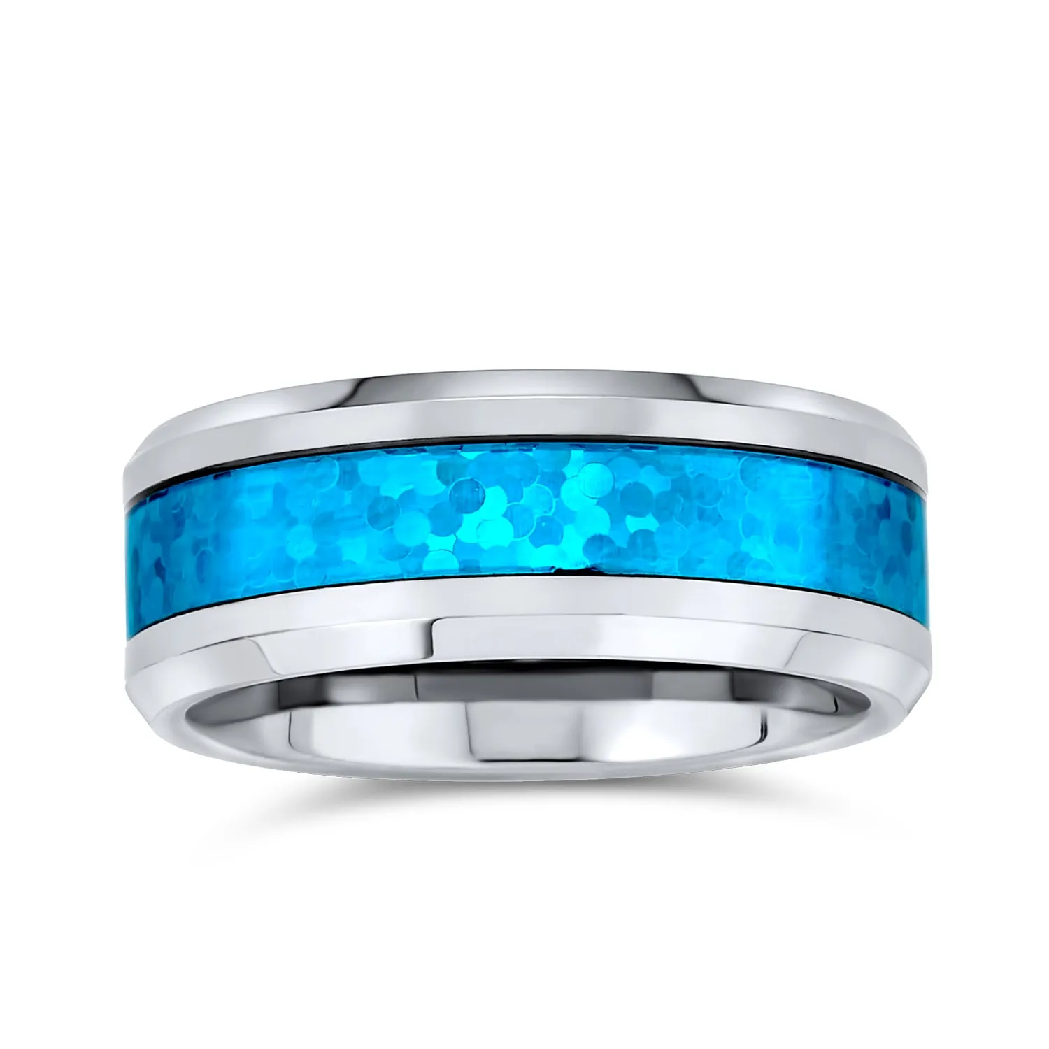 Unisex Tungsten Wedding Band Ring with Simulated Blue Opal Inlay for Couples