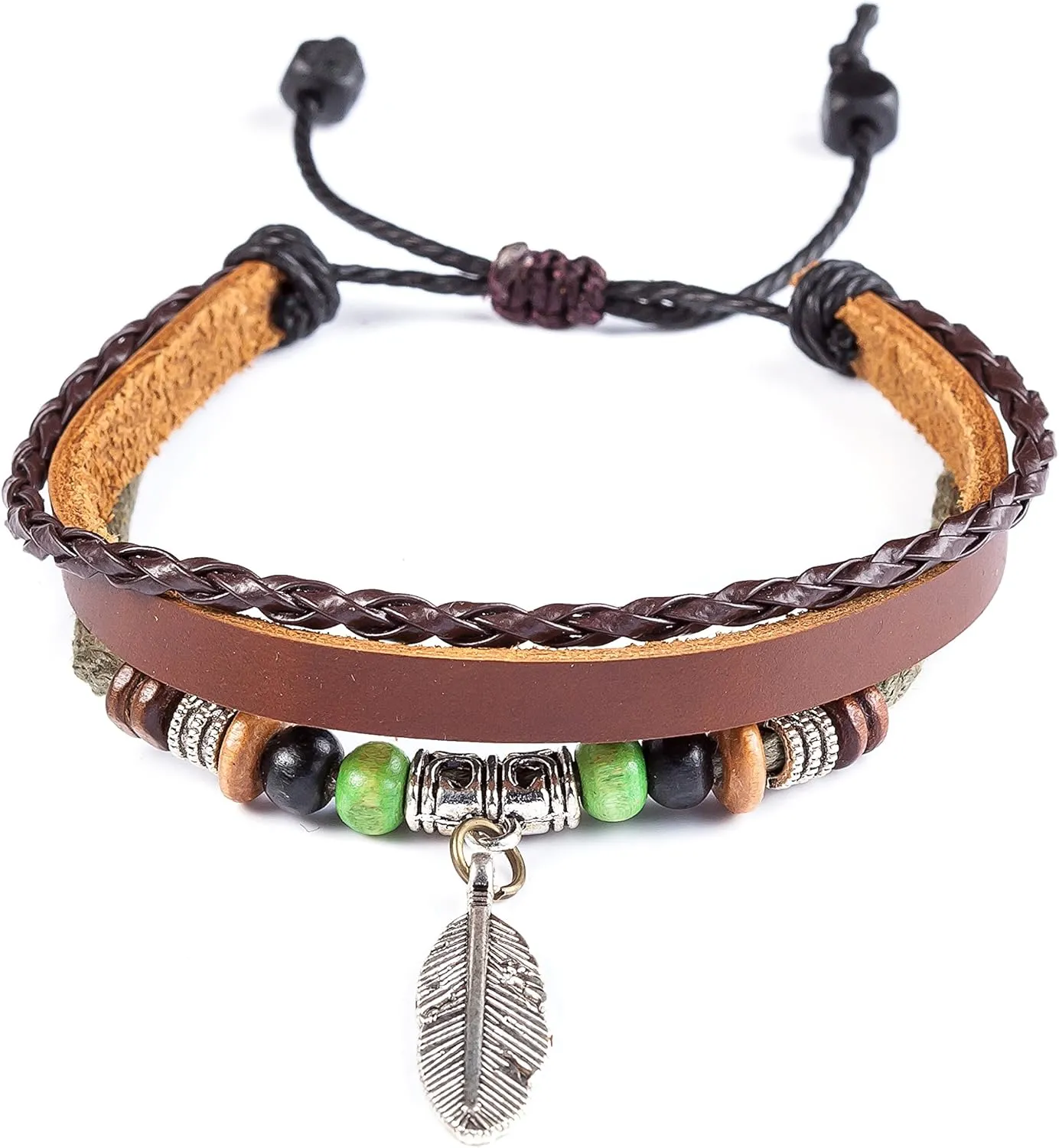 Vintage Genuine Leather Handmade Braided Feather Charm Leather Bracelets for Men Women Jewelry