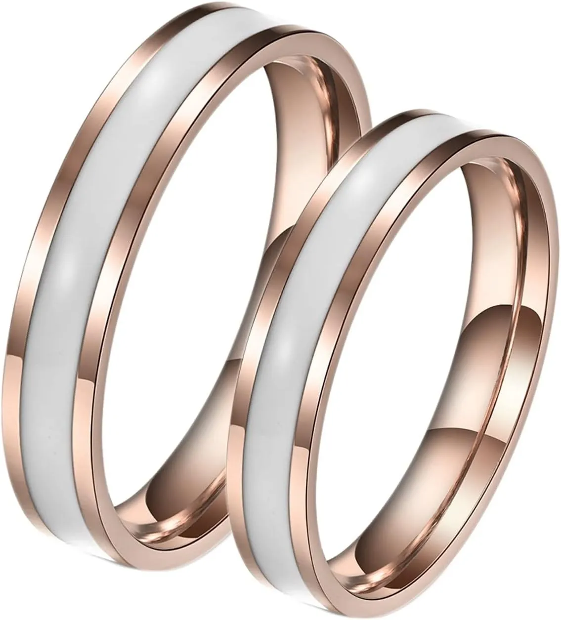 Vintage Rings for Men, Men Rings Stainless Steel Wedding Band 4mm Rose Gold Ring with White Enamel Fashion Couple Ring