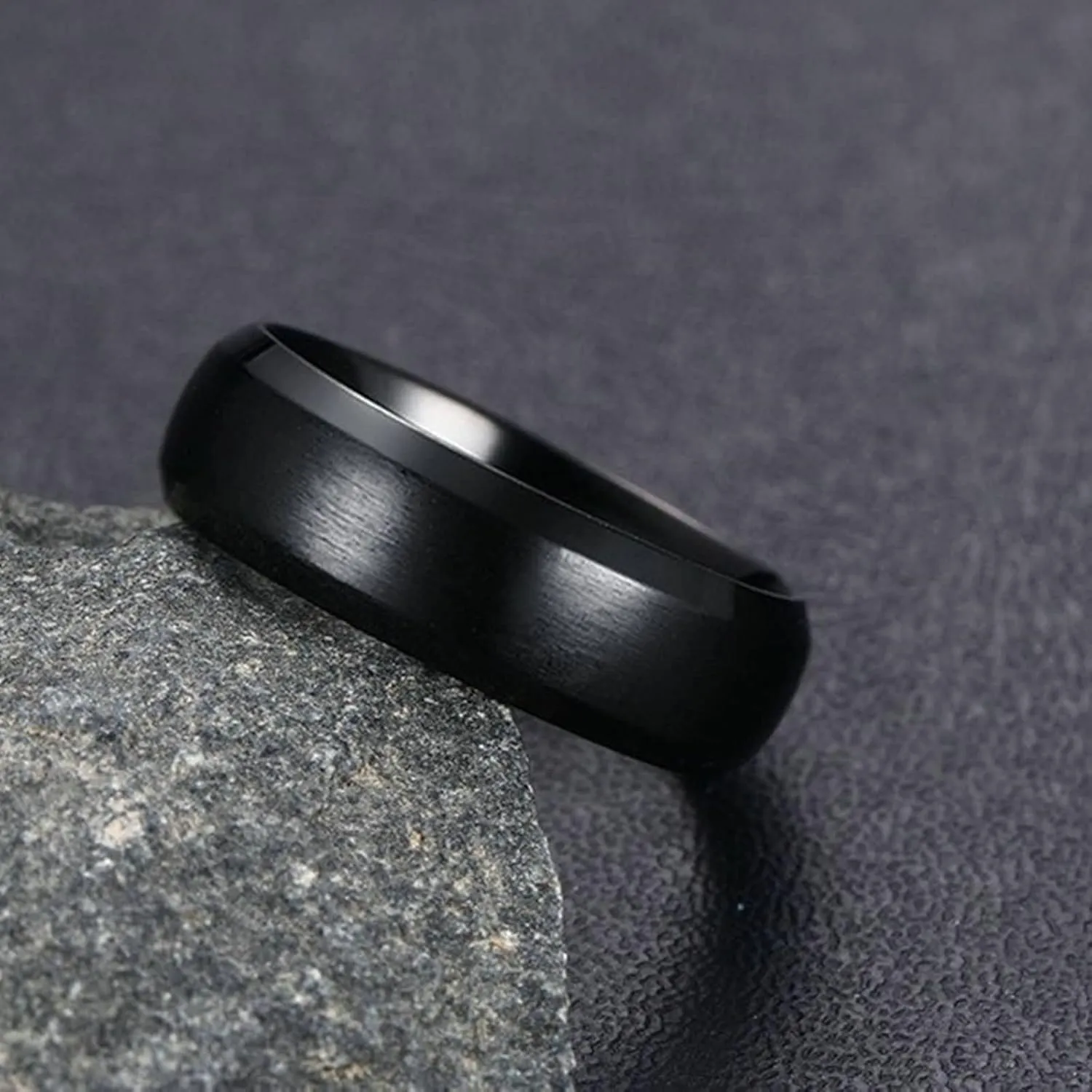 Wedding Band for Women, Stainless Steel Rings for Women 6mm Black Brushed Ring Beveled Edge Rings for Men and Women