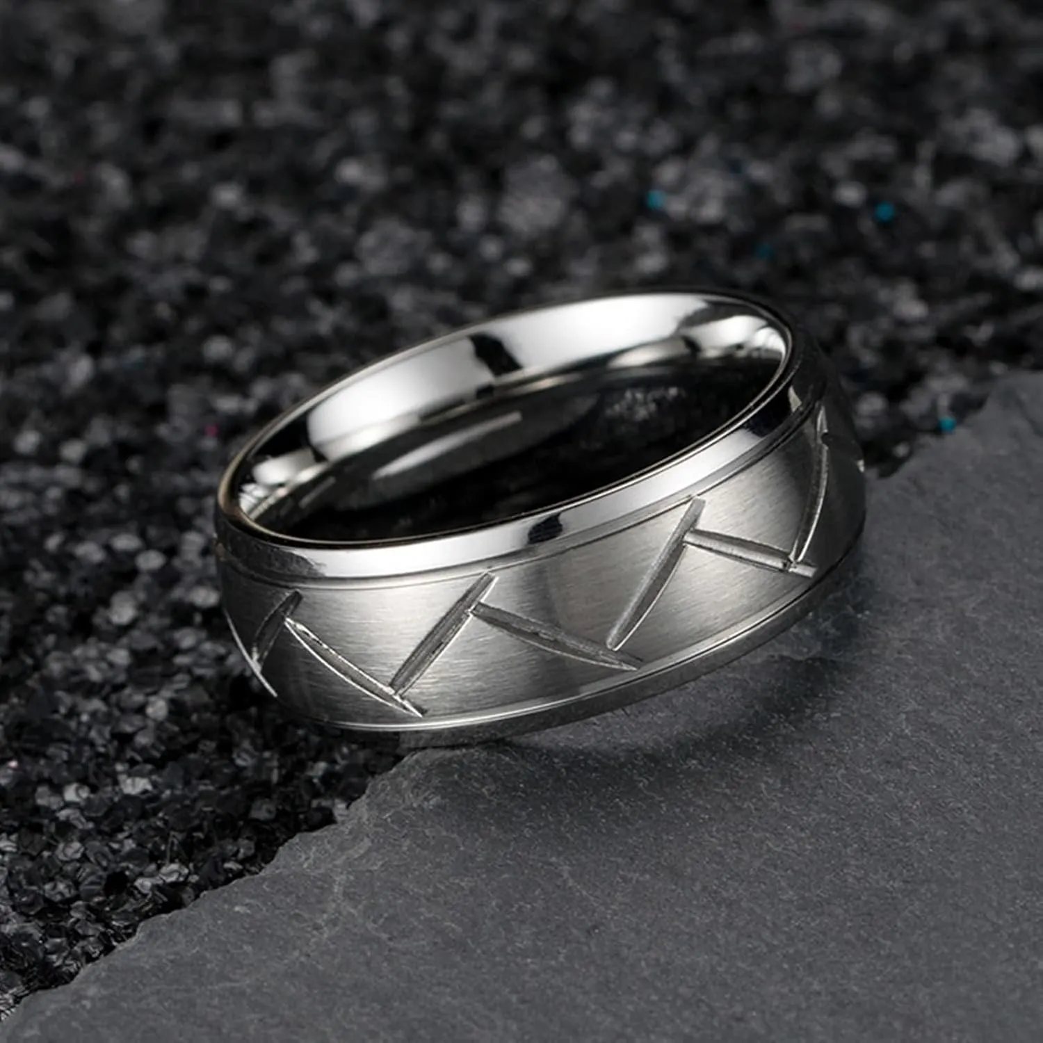 Wedding Rings for Couples Set, Engagement Rings for Couples Set Stainless Steel Comfort Fit Black Silver Brushed Ring 8mm