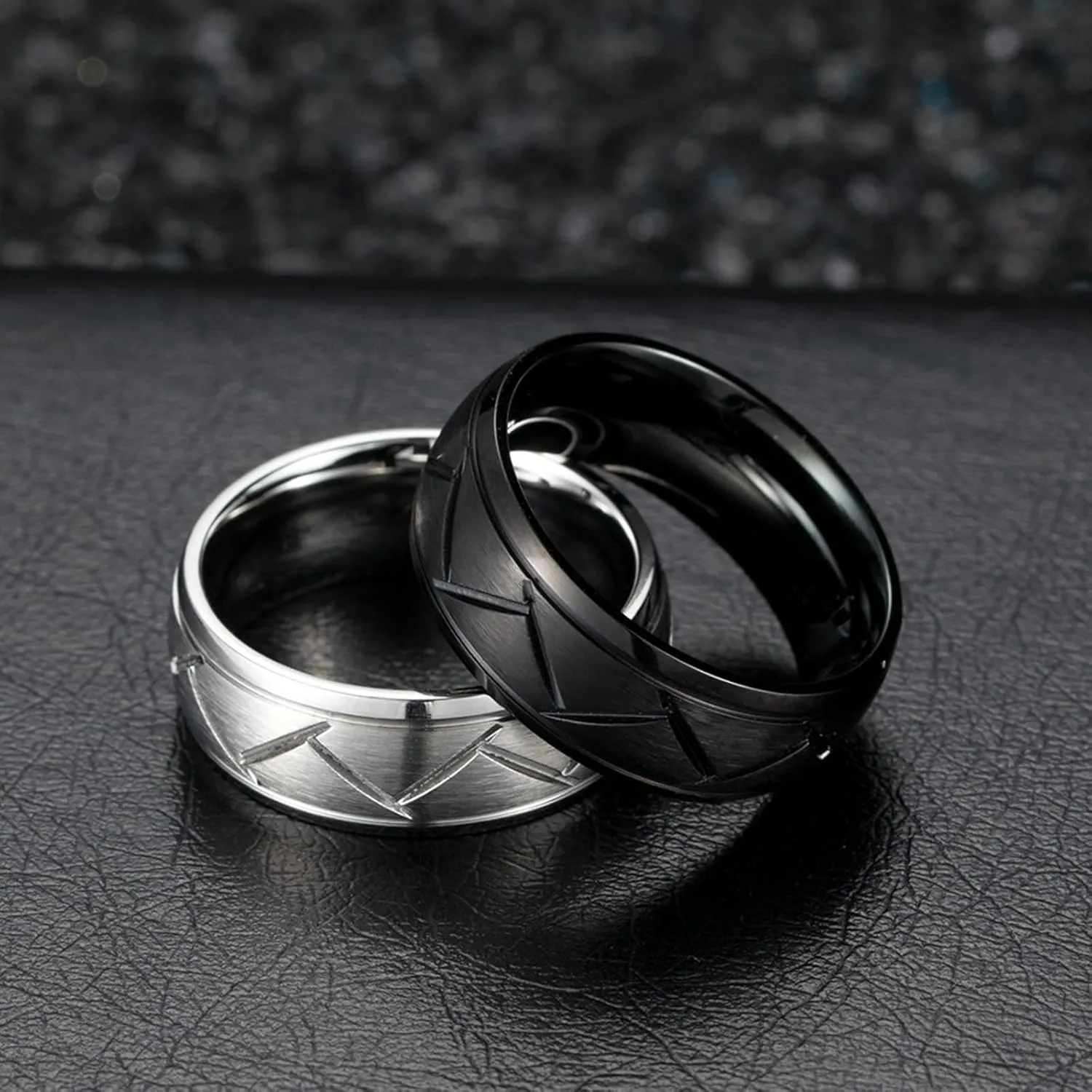 Wedding Rings for Couples Set, Engagement Rings for Couples Set Stainless Steel Comfort Fit Black Silver Brushed Ring 8mm