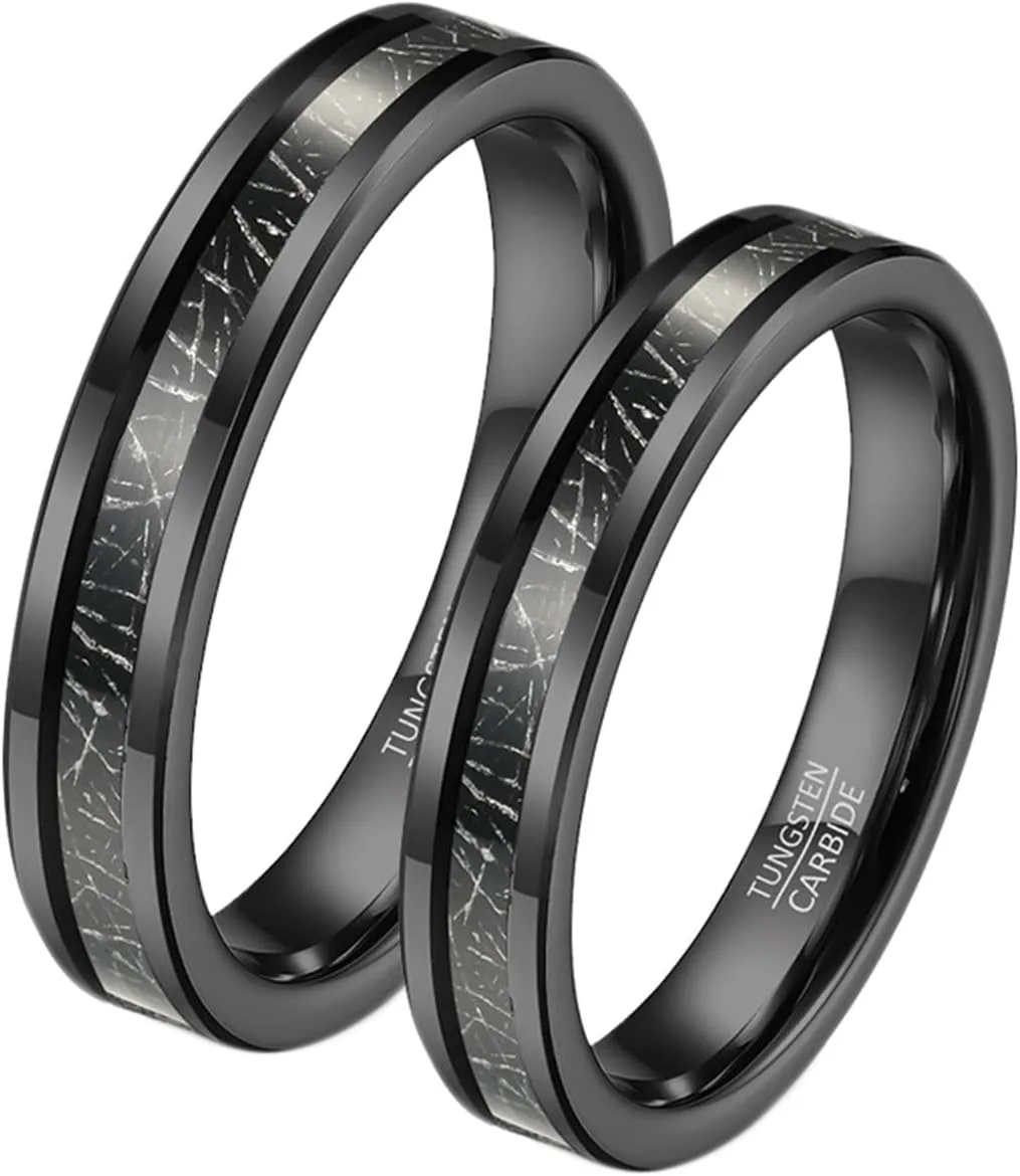 Wedding Rings for Couples Set, Tungsten Couples Promise Rings Set Comfort Fit 4mm Black Ring Inlay Metal