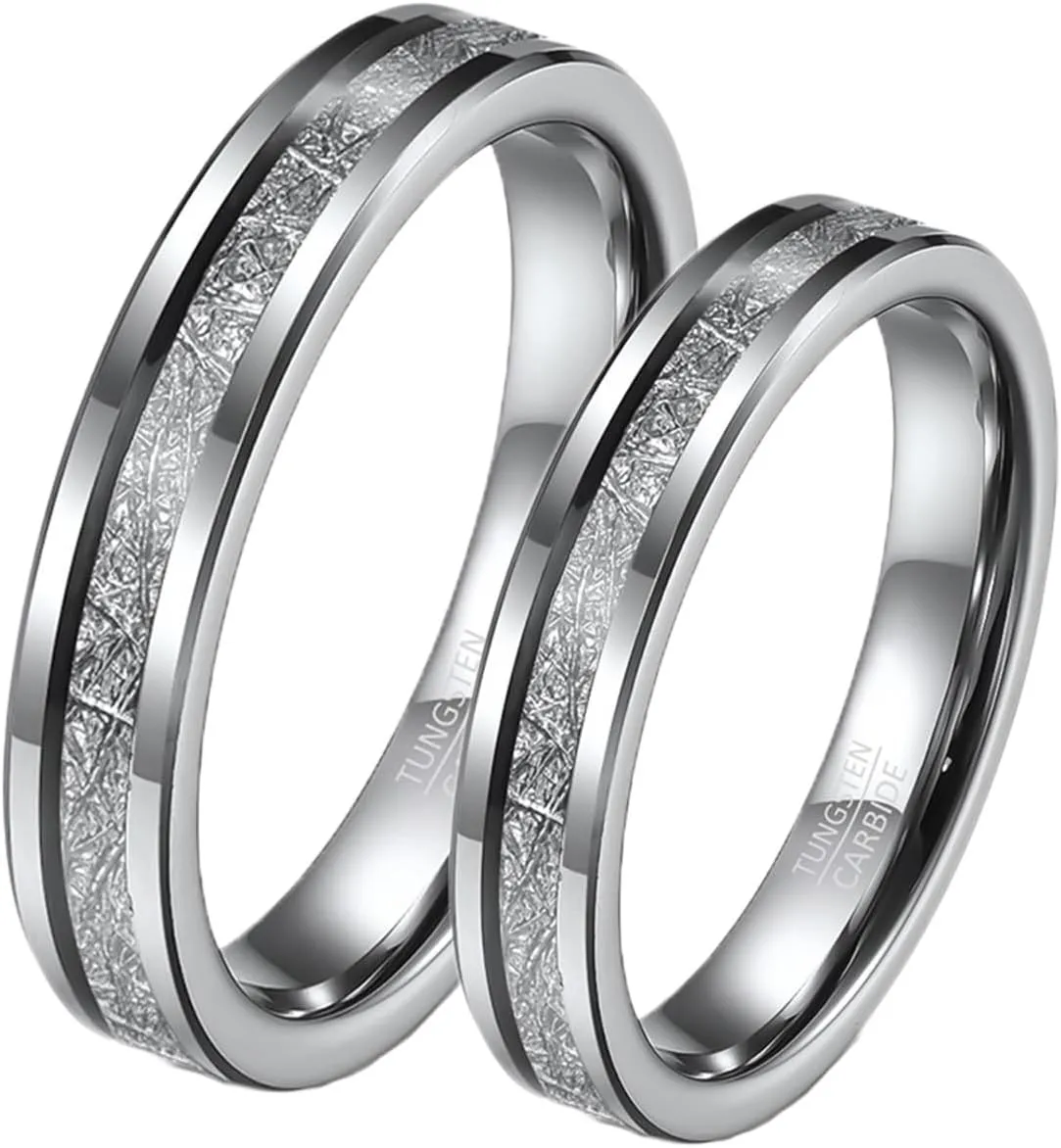 Wedding Rings Set for Him and Her, Tungsten Couples Promise Rings Set Comfort Fit 4mm Silver Ring Inlay Metal