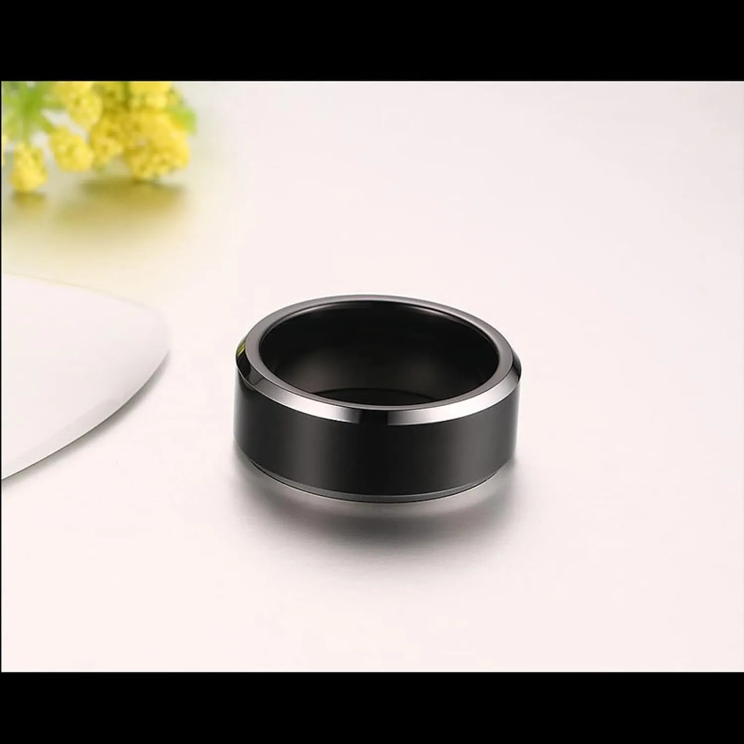 Wedding Rings Set for Him and Her, Tungsten Couples Promise Rings Set Comfort Fit 8mm Black Ring with Silver Beveled Edge