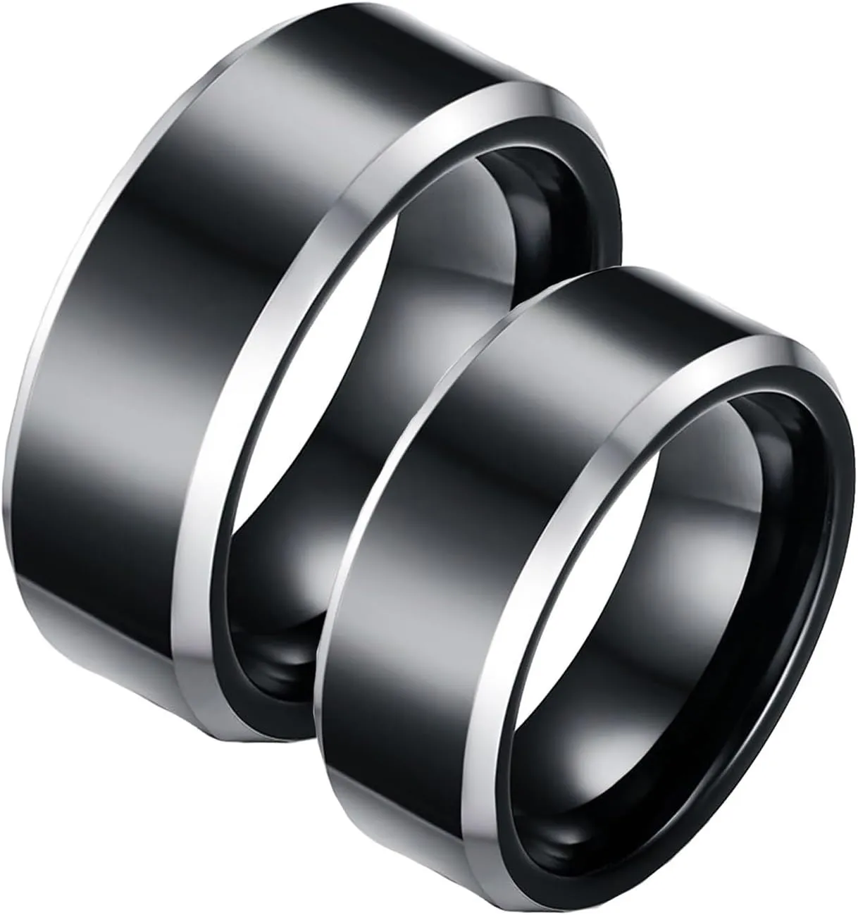 Wedding Rings Set for Him and Her, Tungsten Couples Promise Rings Set Comfort Fit 8mm Black Ring with Silver Beveled Edge