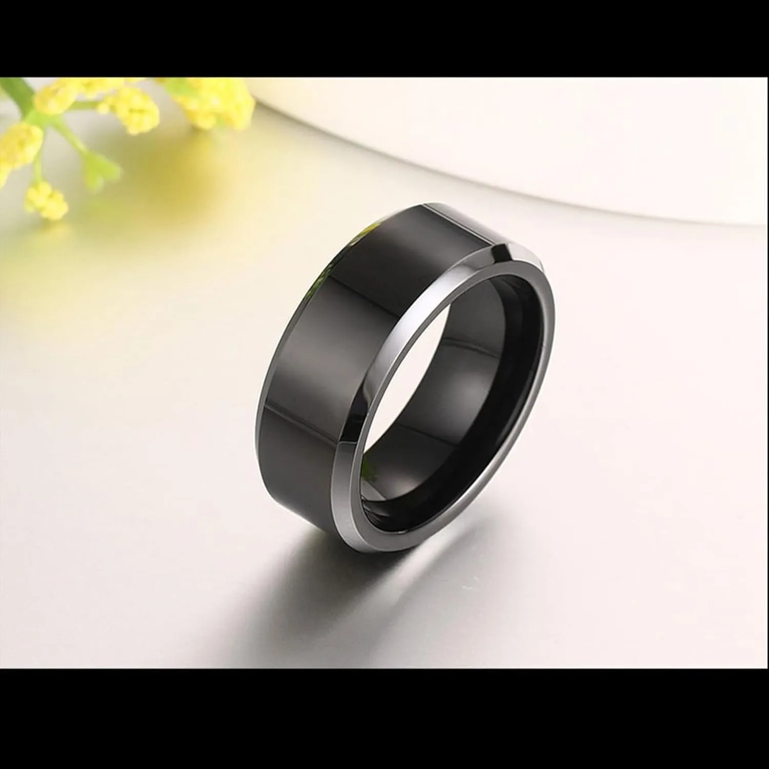 Wedding Rings Set for Him and Her, Tungsten Couples Promise Rings Set Comfort Fit 8mm Black Ring with Silver Beveled Edge