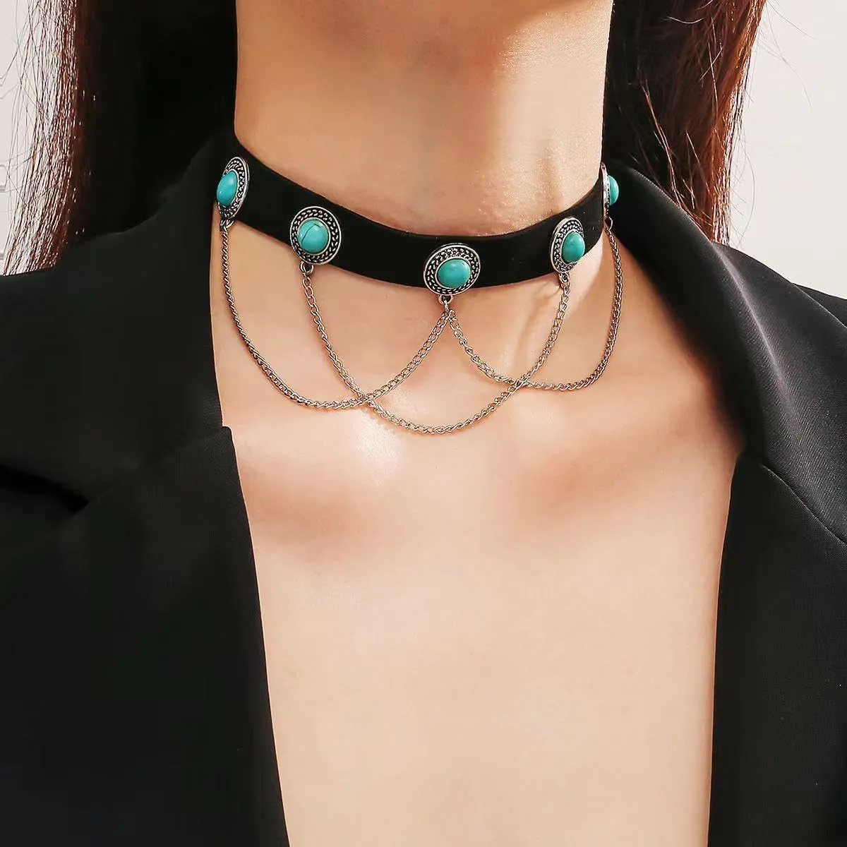 Western Turquoise Choker Necklace for Women Gothic Black Choker Necklaces Boho Summer Cowgirl Rodeo Country Concert Outfits Jewelry Accessories