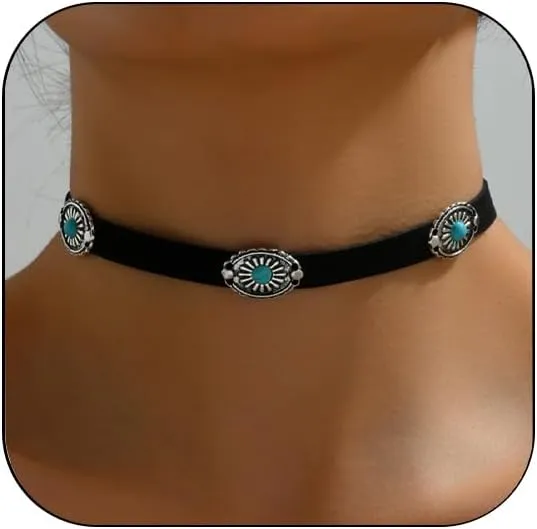 Western Turquoise Choker Necklace for Women Gothic Black Choker Necklaces Boho Summer Cowgirl Rodeo Country Concert Outfits Jewelry Accessories
