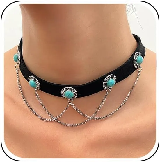 Western Turquoise Choker Necklace for Women Gothic Black Choker Necklaces Boho Summer Cowgirl Rodeo Country Concert Outfits Jewelry Accessories