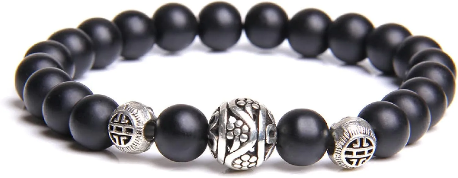 Women Braceletes Natural Polished Garnet Bracelets for Women Fashion Alloy Ball Beads Bangle Femme Jewelry Friendship,Onyx,17cm