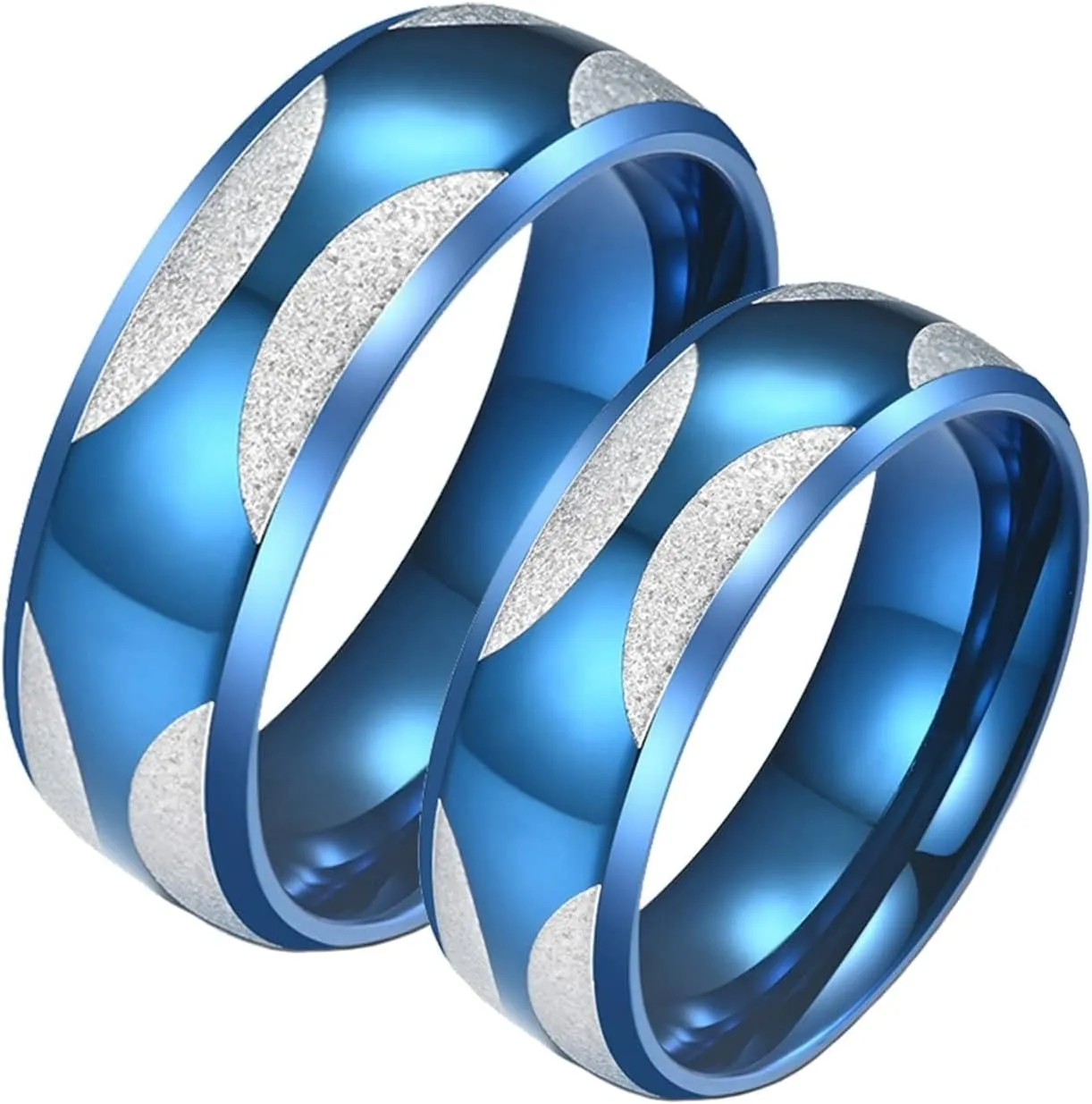 Women Engagement Ring, Mens Stainless Steel Rings Silver Blue Ring with Beveled Edge Men's and Women's Fashion Rings