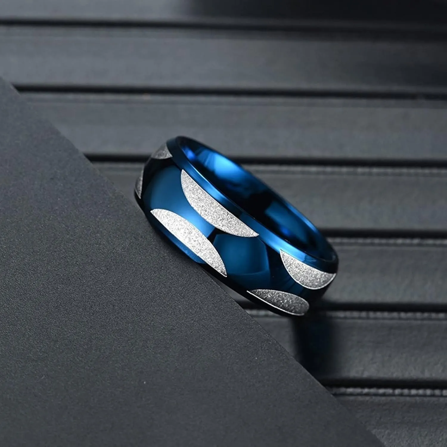Women Engagement Ring, Mens Stainless Steel Rings Silver Blue Ring with Beveled Edge Men's and Women's Fashion Rings