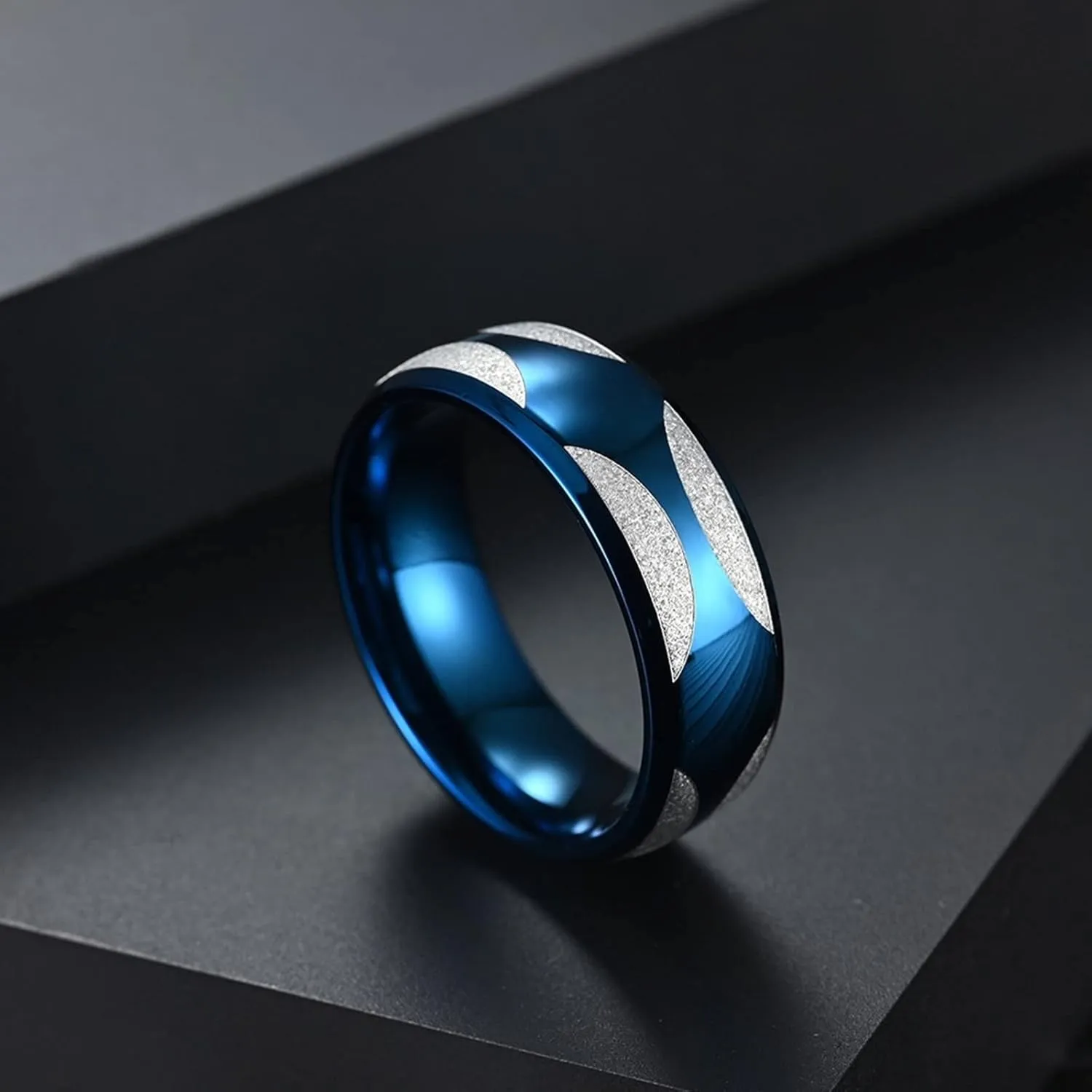 Women Engagement Ring, Mens Stainless Steel Rings Silver Blue Ring with Beveled Edge Men's and Women's Fashion Rings