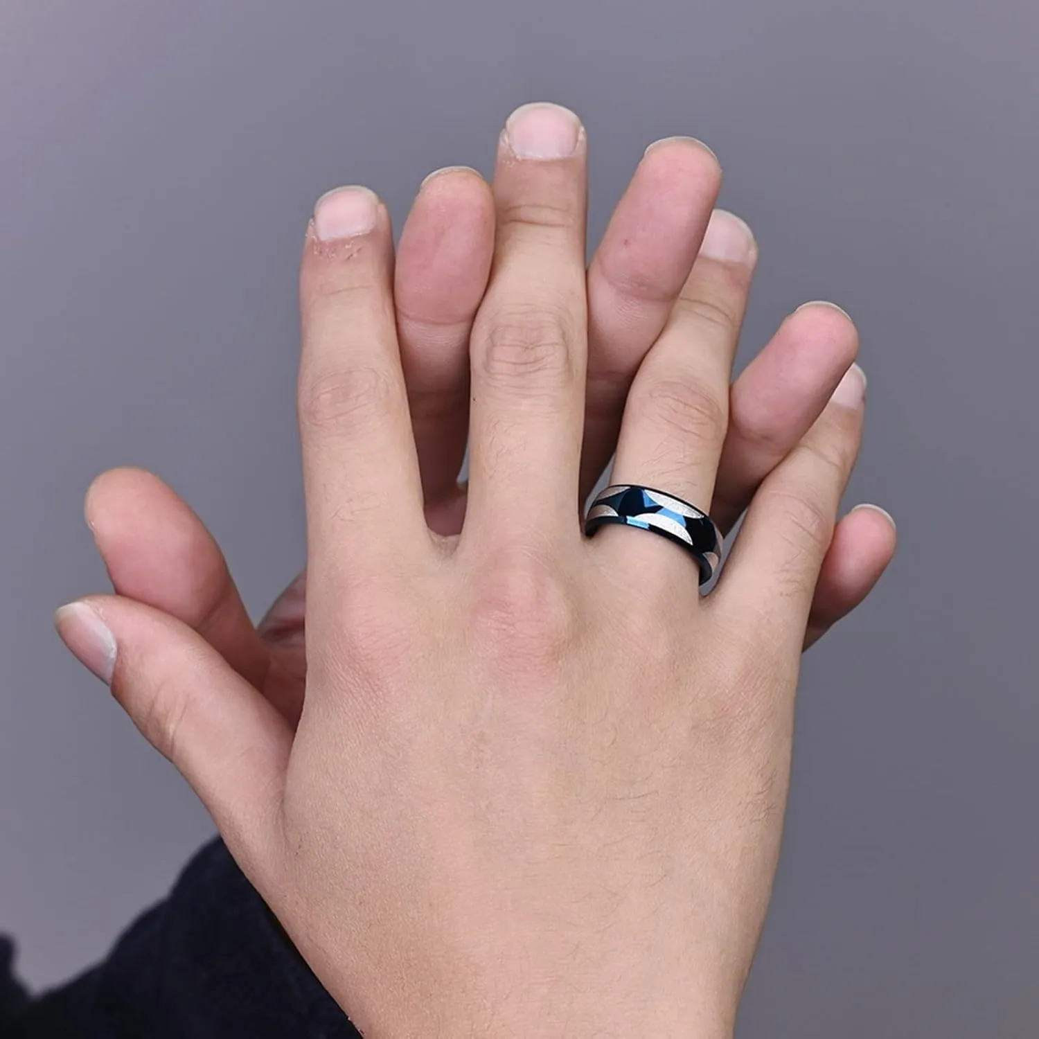Women Engagement Ring, Mens Stainless Steel Rings Silver Blue Ring with Beveled Edge Men's and Women's Fashion Rings