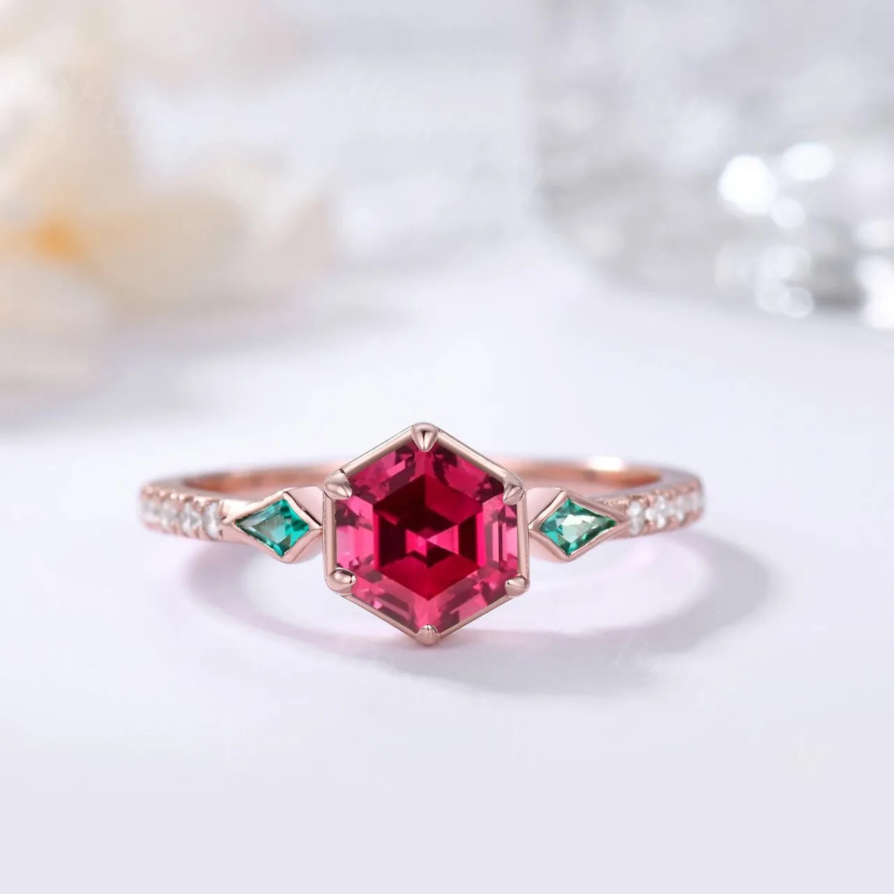 Women Hexagon Lab Ruby Ring Silver Vintage 3-Stones Ruby & Emerald Kite Cut Side Stones  Engagement Ring