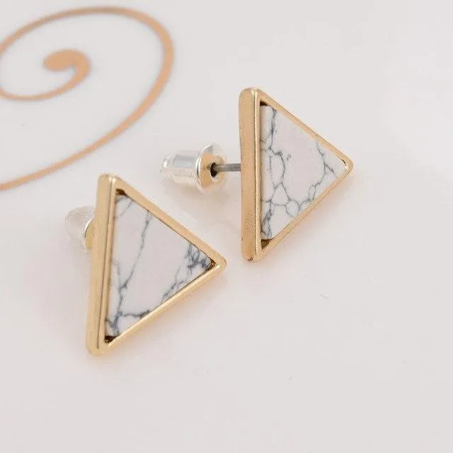 Women Trendy Gold Square Triangle Round Marbled White Faux Stone Stud Earrings
