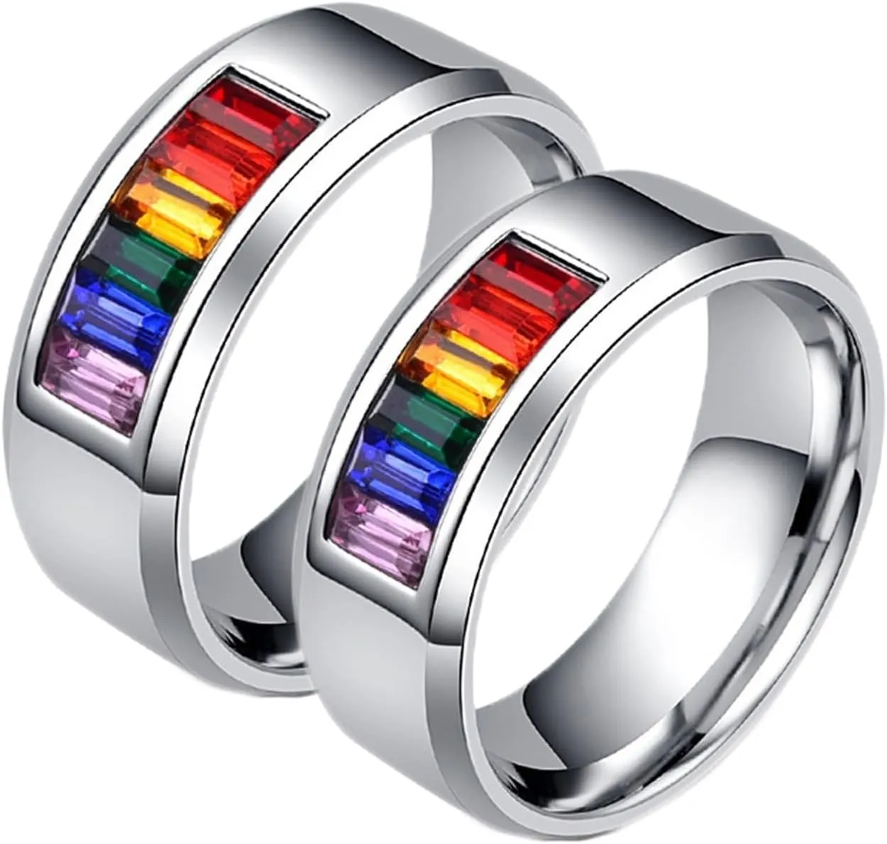 Women Wedding Bands, Men's Stainless Steel Rings 2PCS Titanium Silver Lgbt Ring with Rainbow Zirconia Size Women 5 Men 6 for Couple Mother's Day