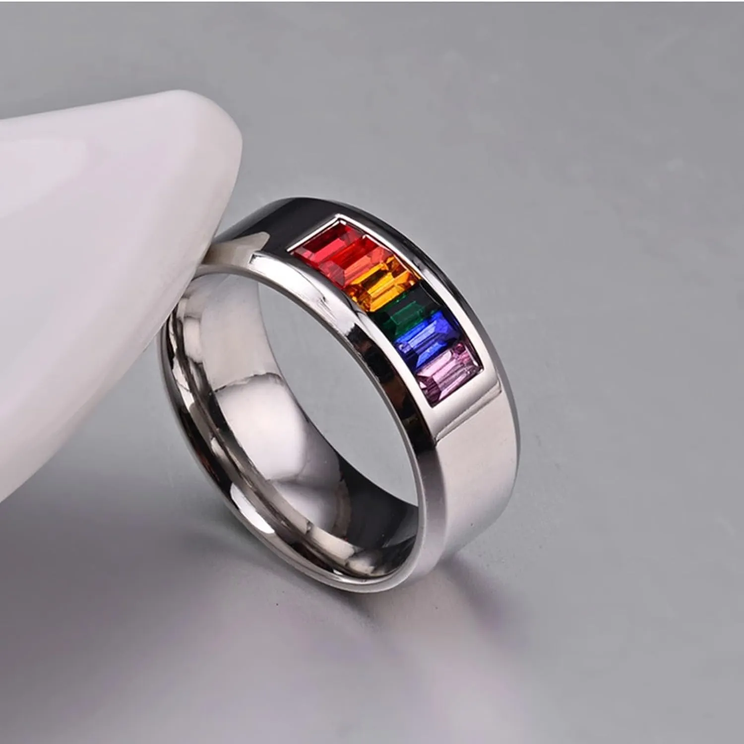 Women Wedding Bands, Men's Stainless Steel Rings 2PCS Titanium Silver Lgbt Ring with Rainbow Zirconia Size Women 5 Men 6 for Couple Mother's Day
