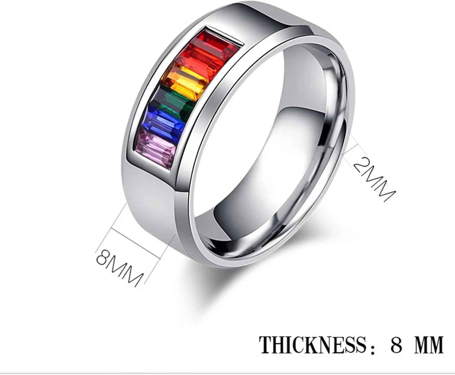 Women Wedding Bands, Men's Stainless Steel Rings 2PCS Titanium Silver Lgbt Ring with Rainbow Zirconia Size Women 5 Men 6 for Couple Mother's Day