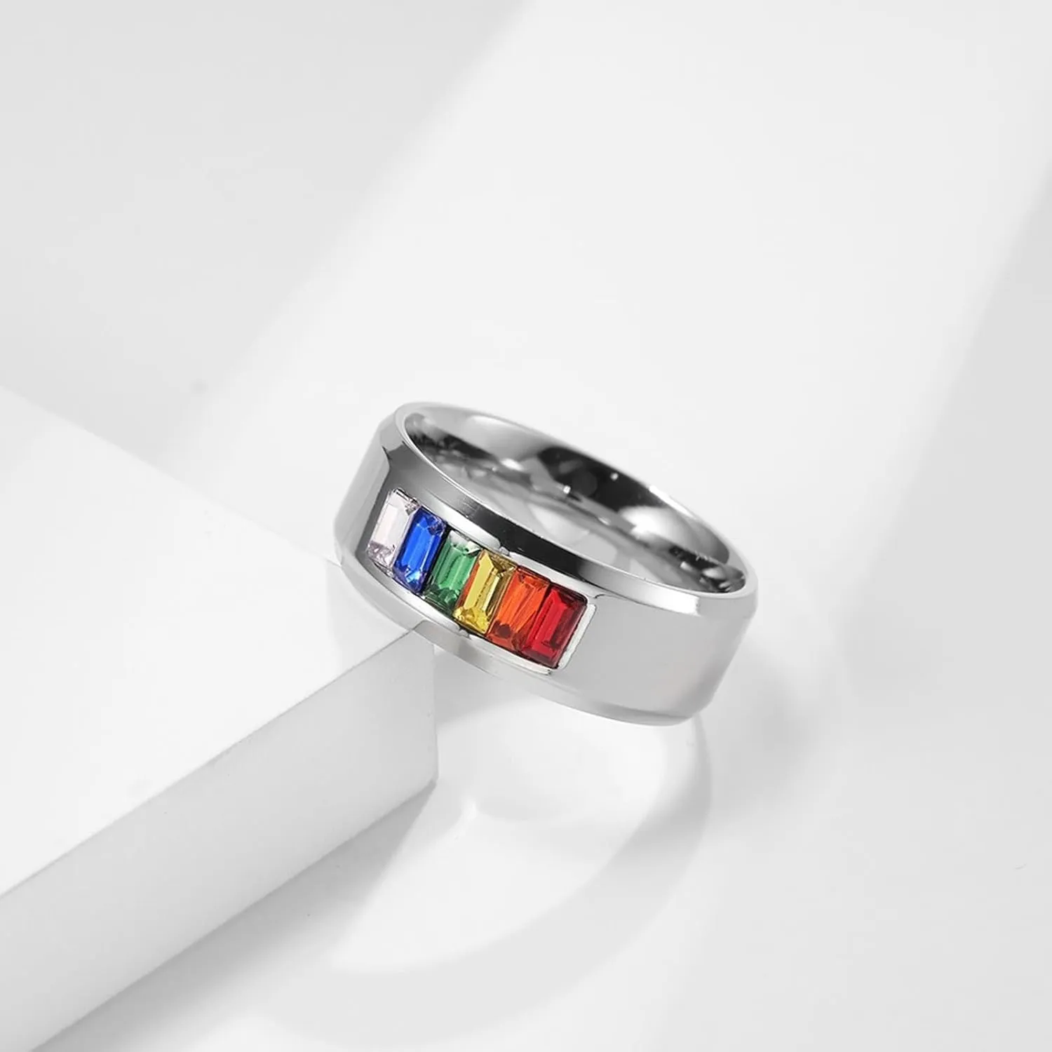 Women Wedding Bands, Men's Stainless Steel Rings 2PCS Titanium Silver Lgbt Ring with Rainbow Zirconia Size Women 5 Men 6 for Couple Mother's Day