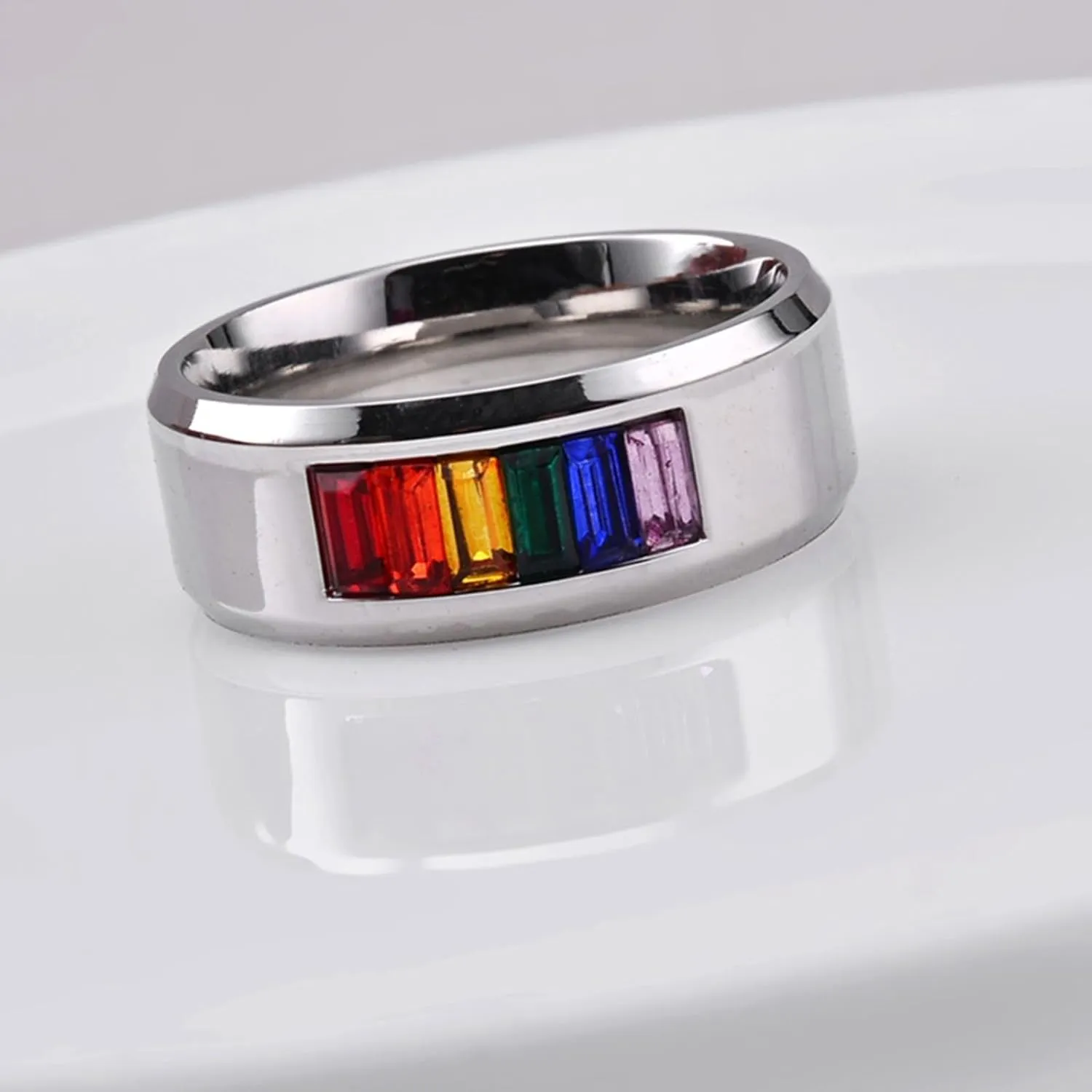 Women Wedding Bands, Men's Stainless Steel Rings 2PCS Titanium Silver Lgbt Ring with Rainbow Zirconia Size Women 5 Men 6 for Couple Mother's Day