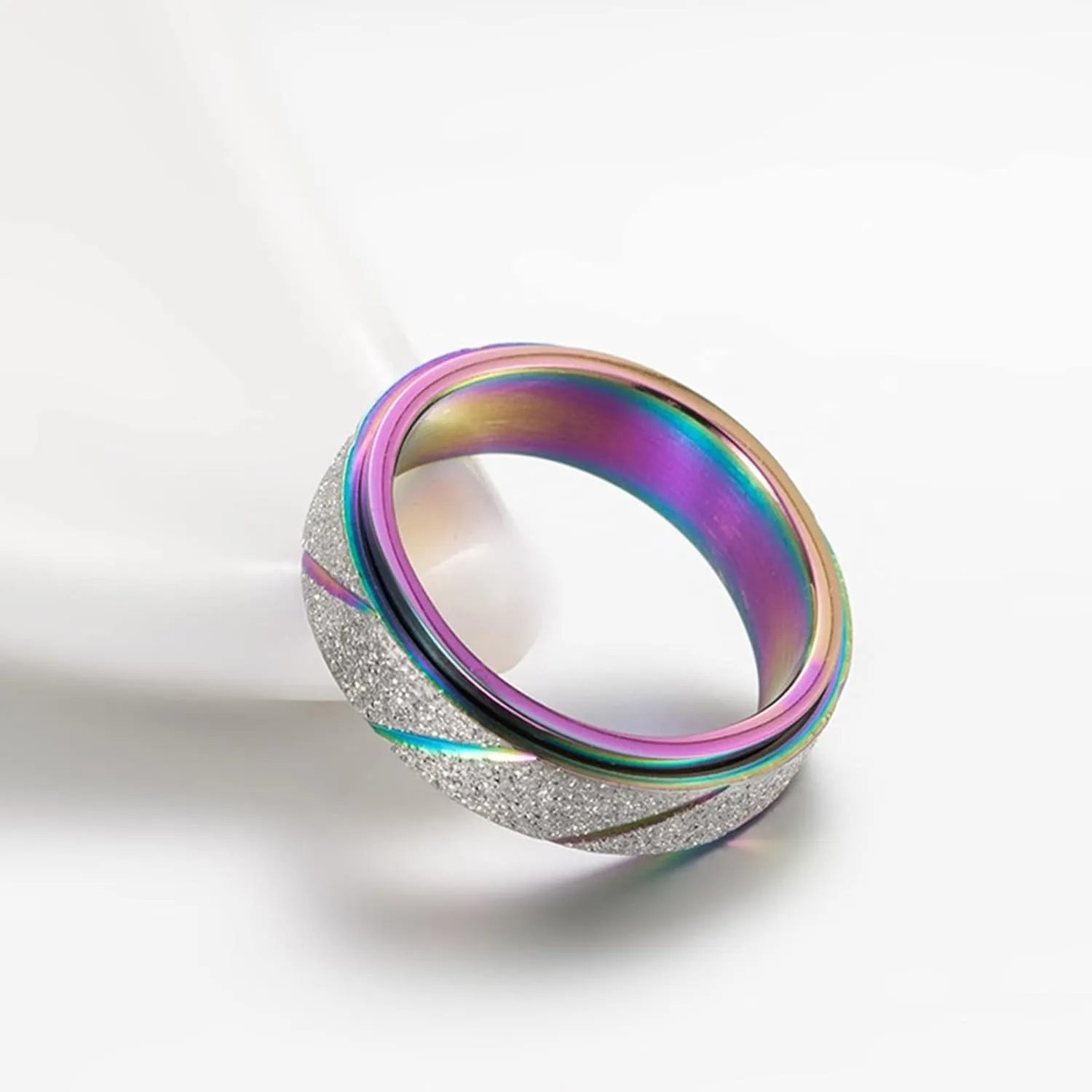 Women's Engagement Rings, Stainless Steel Ring for Men Multicolor Rainbow Rotating Ring Matte 6mm Valentine's Day Couple Rings