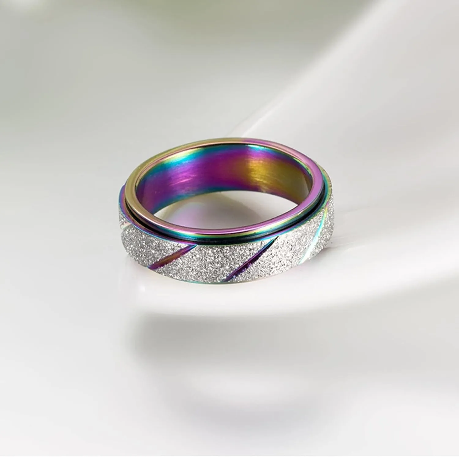 Women's Engagement Rings, Stainless Steel Ring for Men Multicolor Rainbow Rotating Ring Matte 6mm Valentine's Day Couple Rings